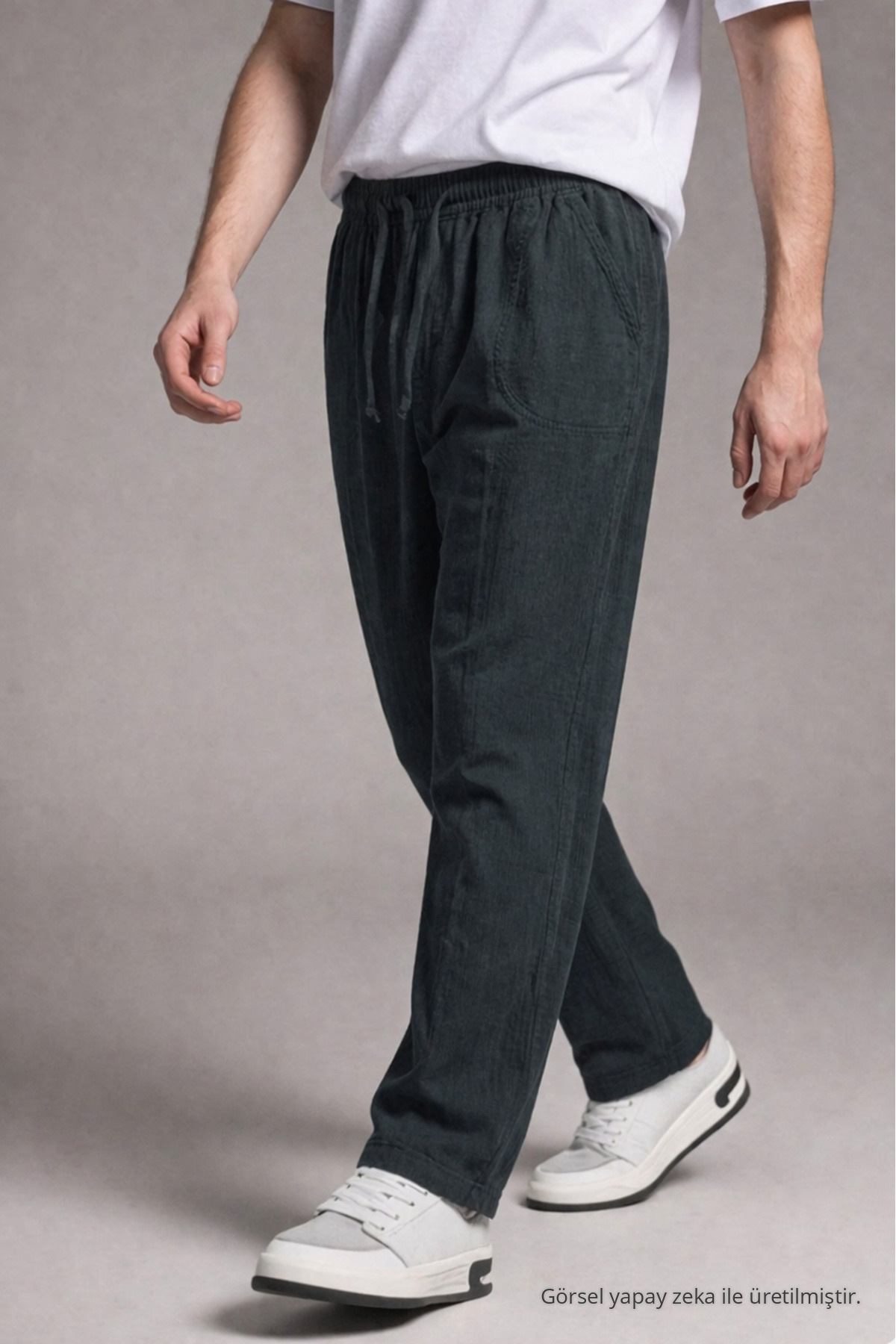 Erkek Beli Lastikli Bol Paça Siyah Keten Pantolon 4