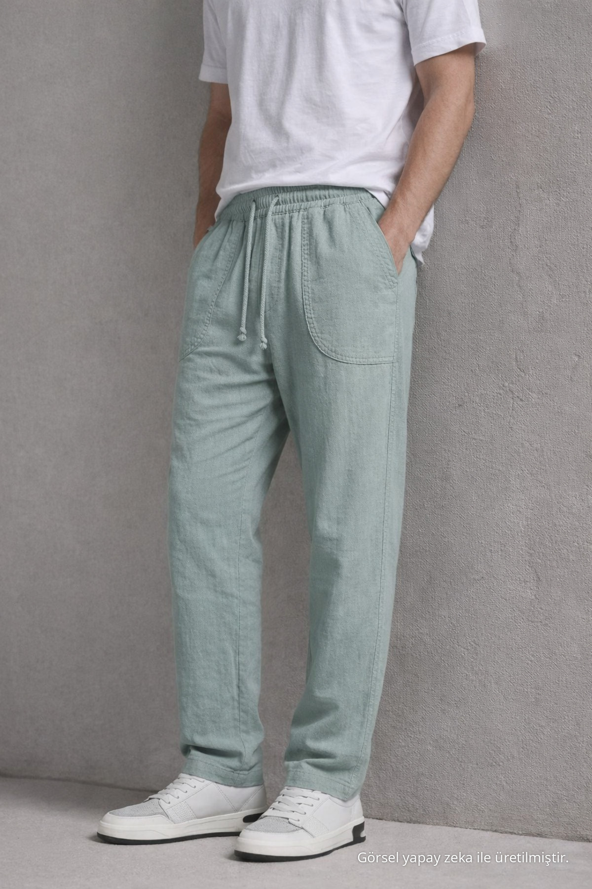 Erkek Beli Lastikli Bol Paça S.Yeşil Keten Pantolon Su 4