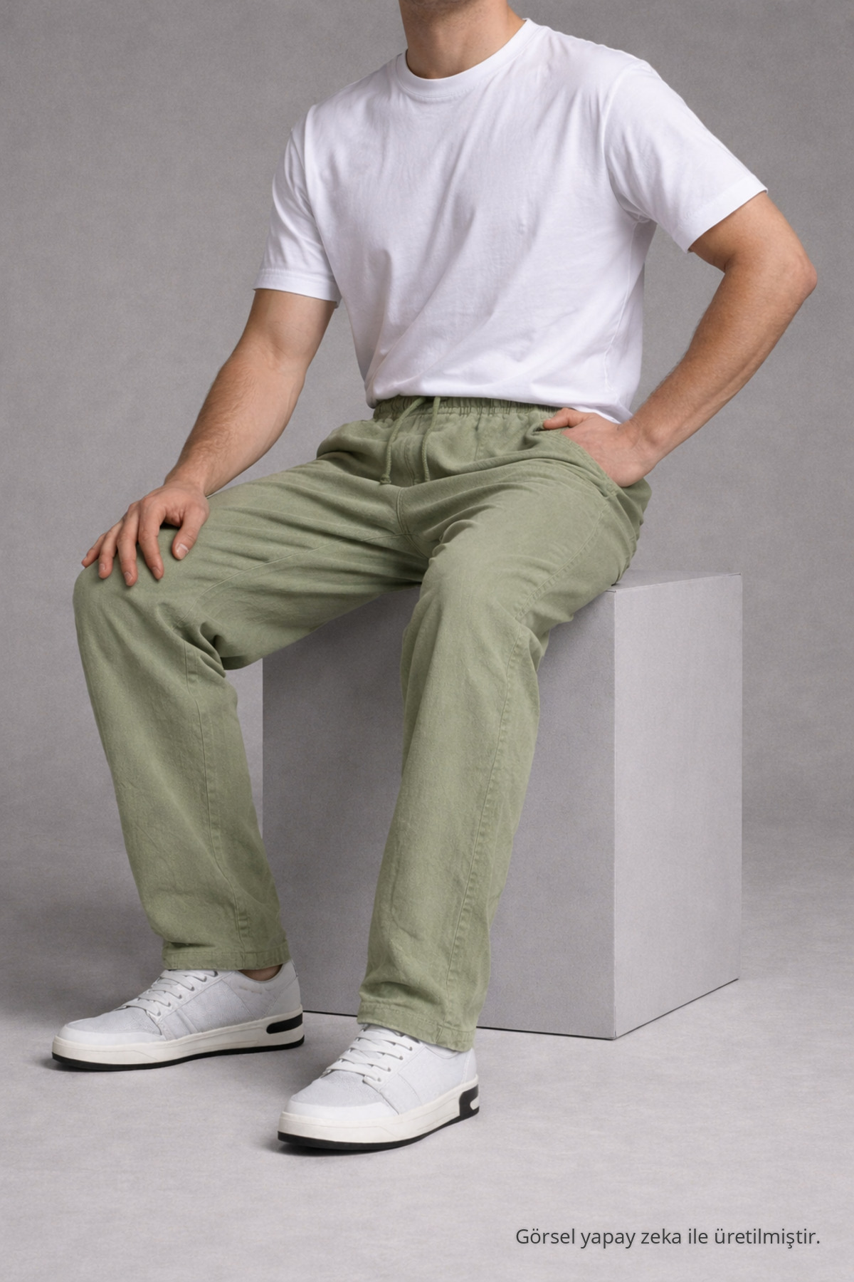 Erkek Beli Lastikli Bol Paça Yeşil Keten Pantolon 5