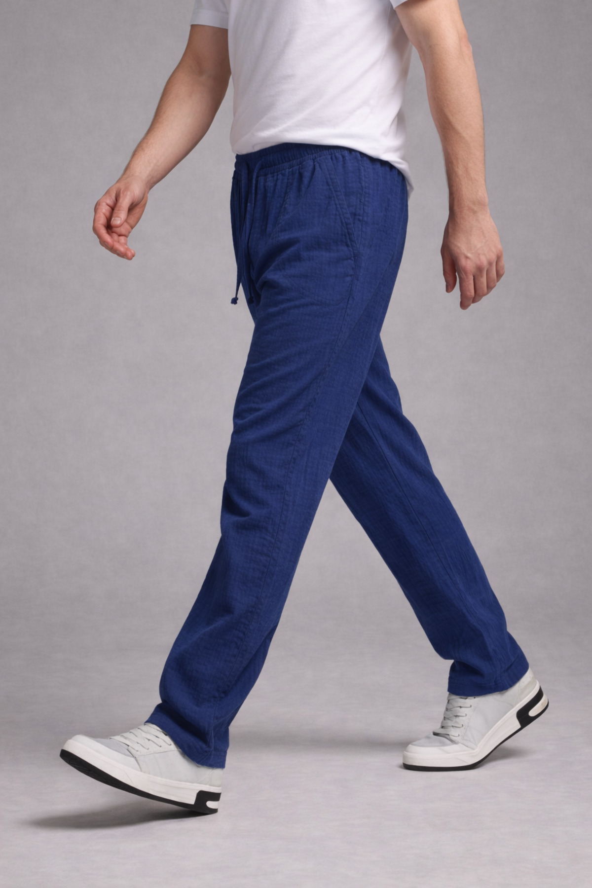 Erkek Beli Lastikli Bol Paça Lacivert Keten Pantolon 4
