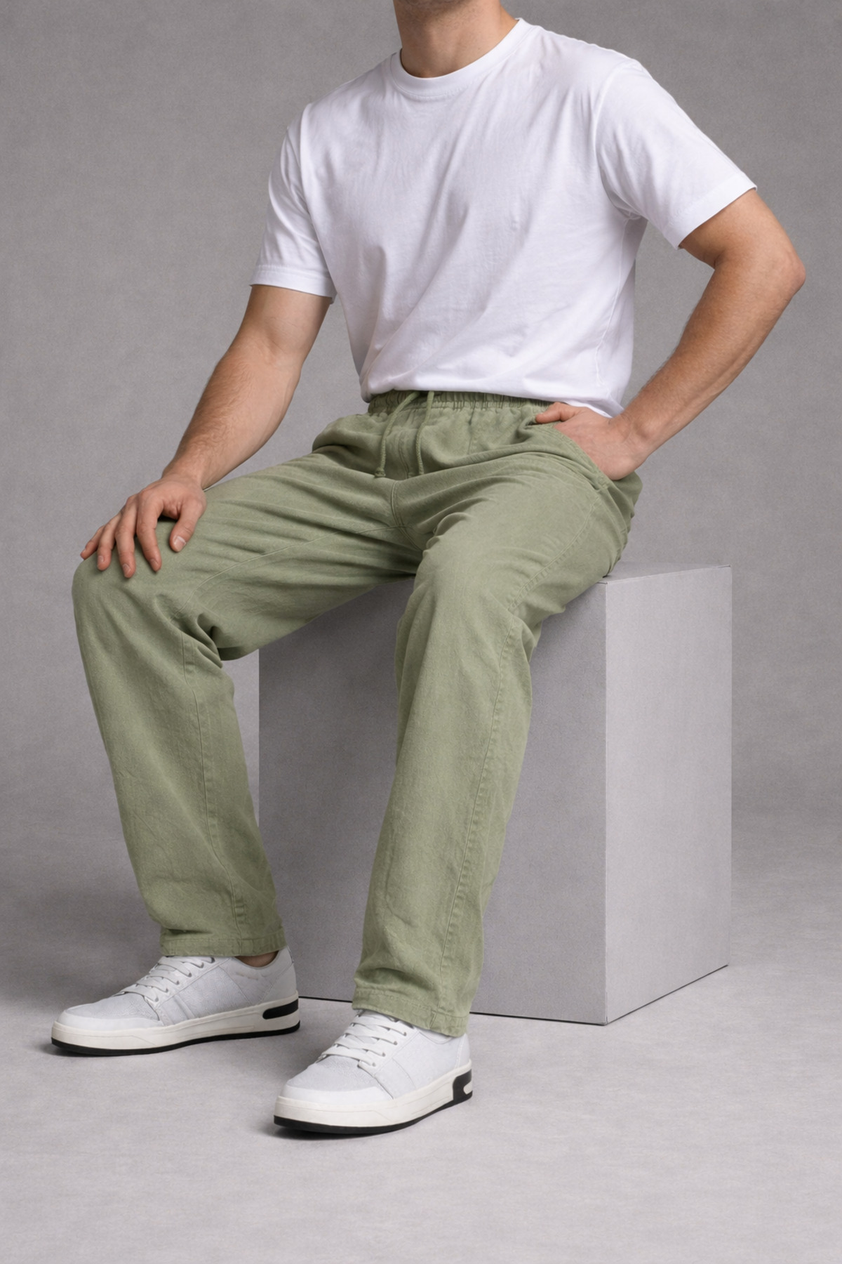 Erkek Beli Lastikli Bol Paça Yeşil Keten Pantolon 5