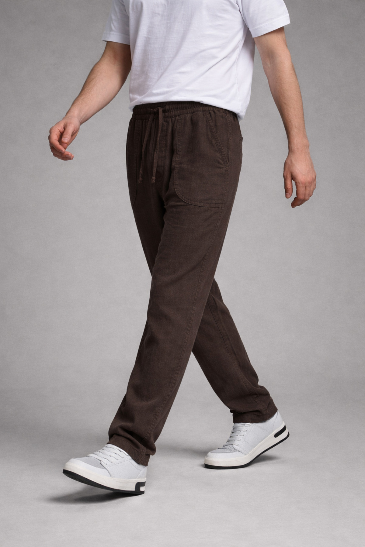 Erkek Beli Lastikli Bol Paça Kahverengi Keten Pantolon 3