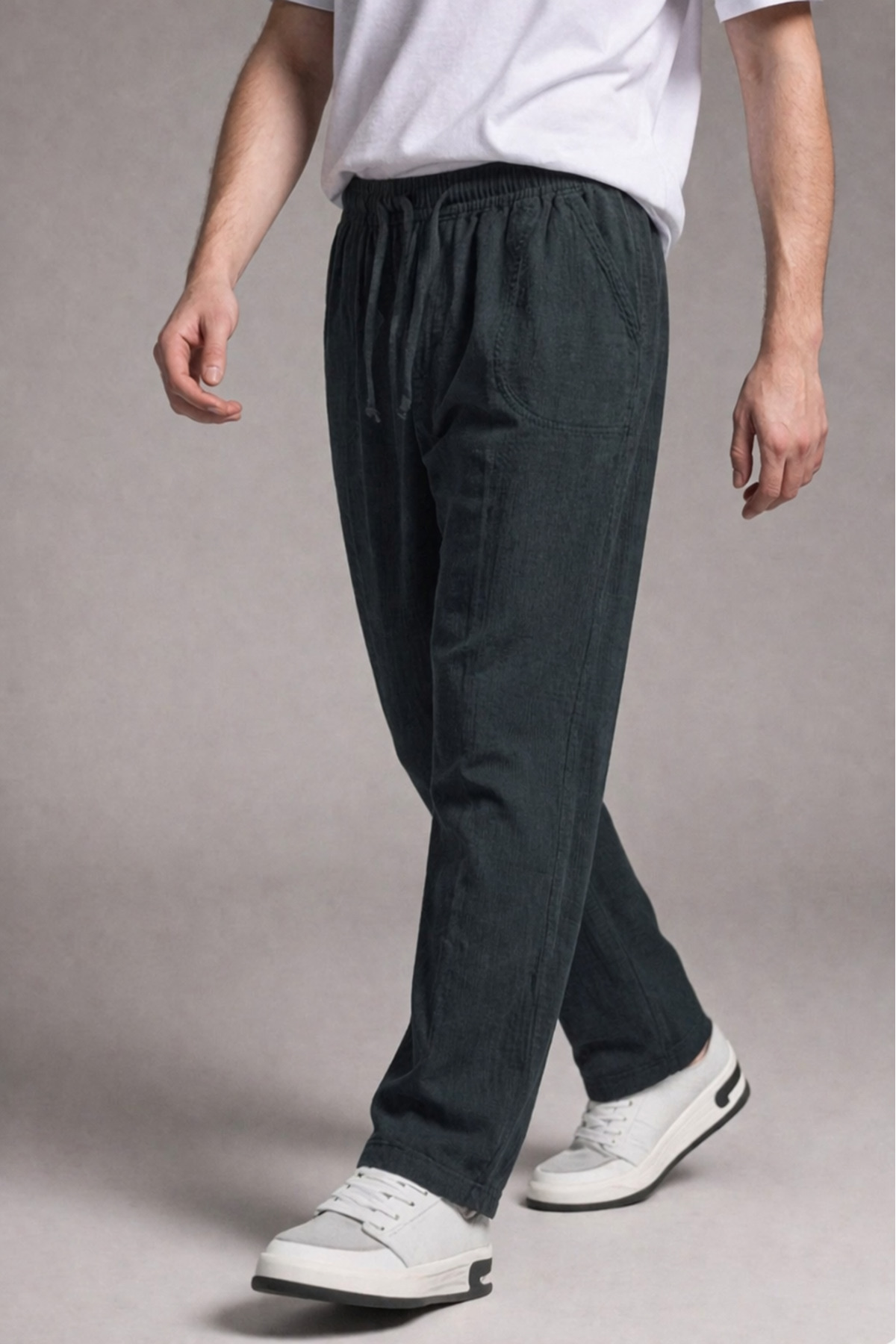 Erkek Beli Lastikli Bol Paça Siyah Keten Pantolon 4