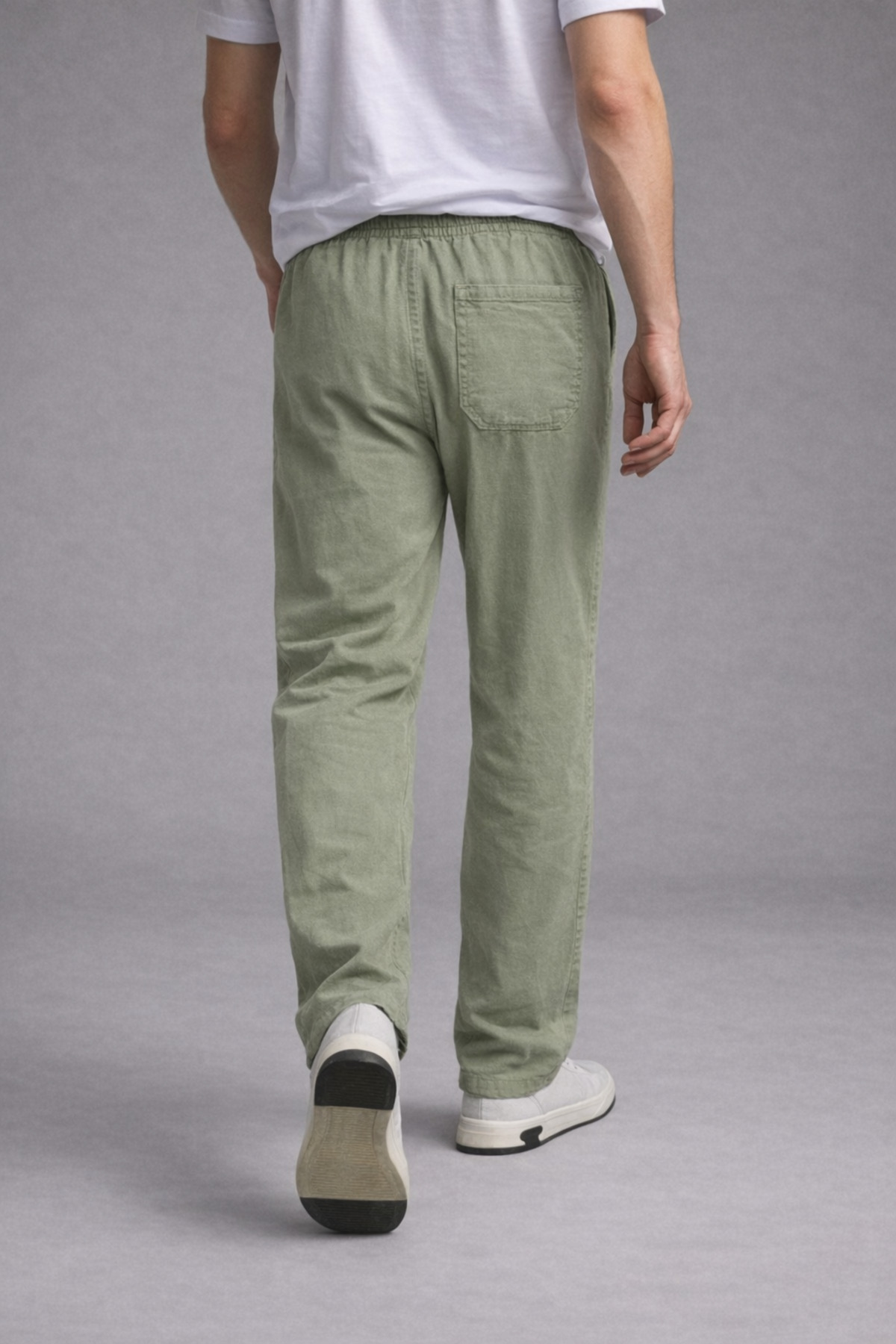 Erkek Beli Lastikli Bol Paça Yeşil Keten Pantolon 6