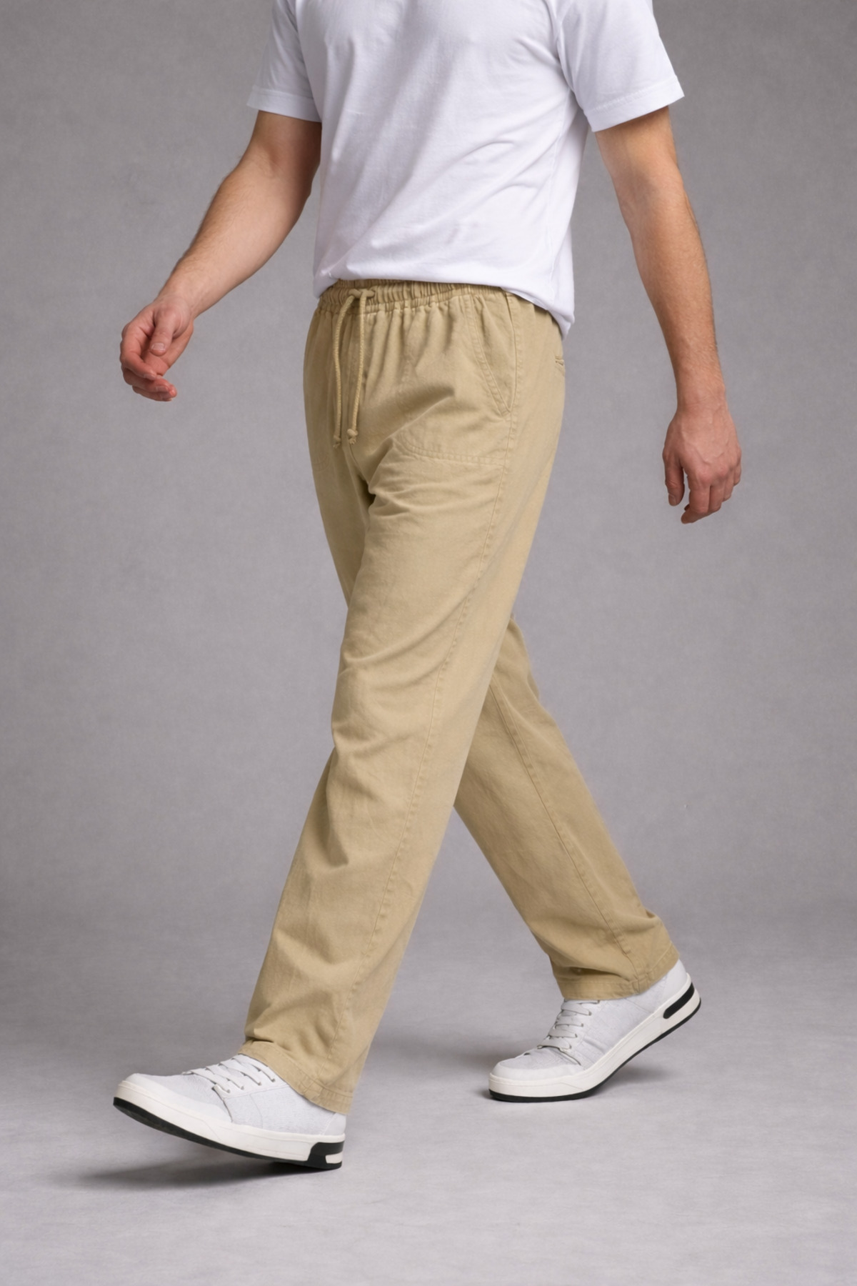 Erkek Beli Lastikli Bol Paça Bej Keten Pantolon 3