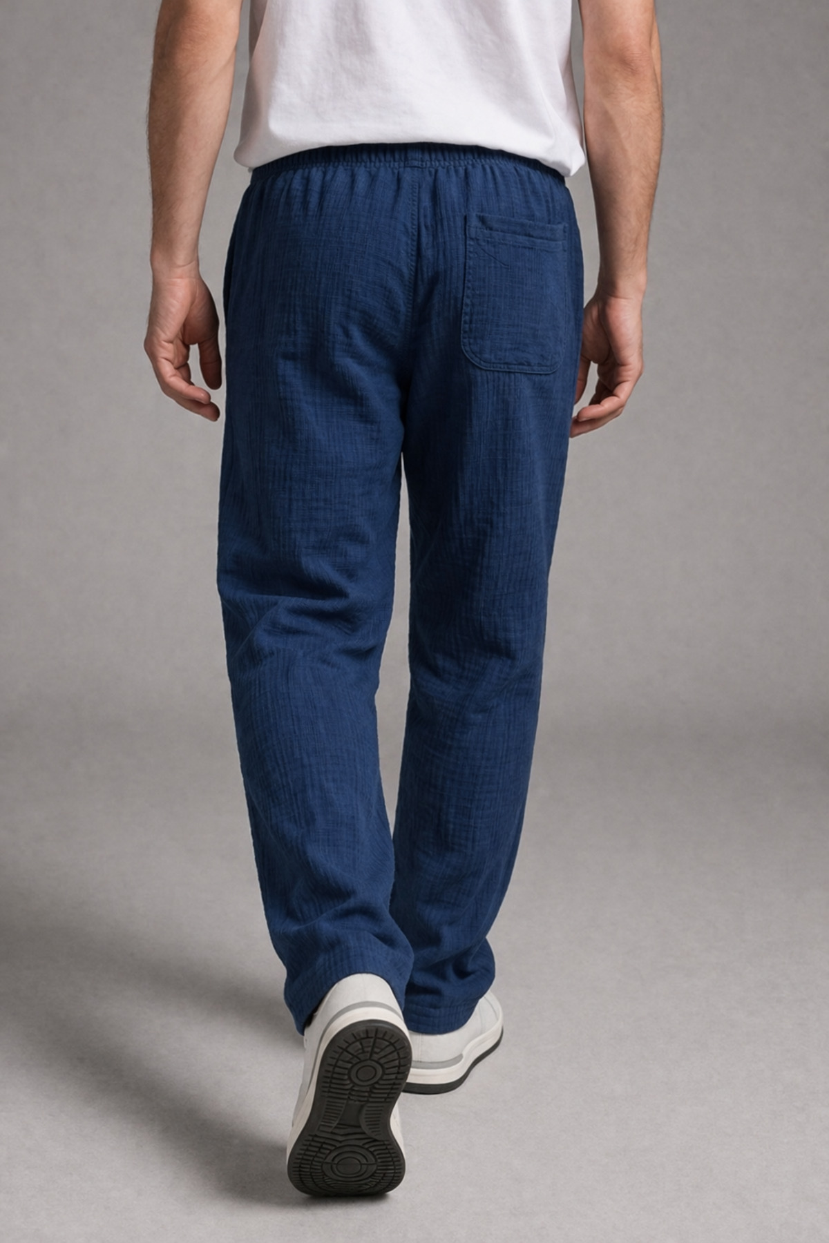 Erkek Beli Lastikli Bol Paça Lacivert Keten Pantolon 6