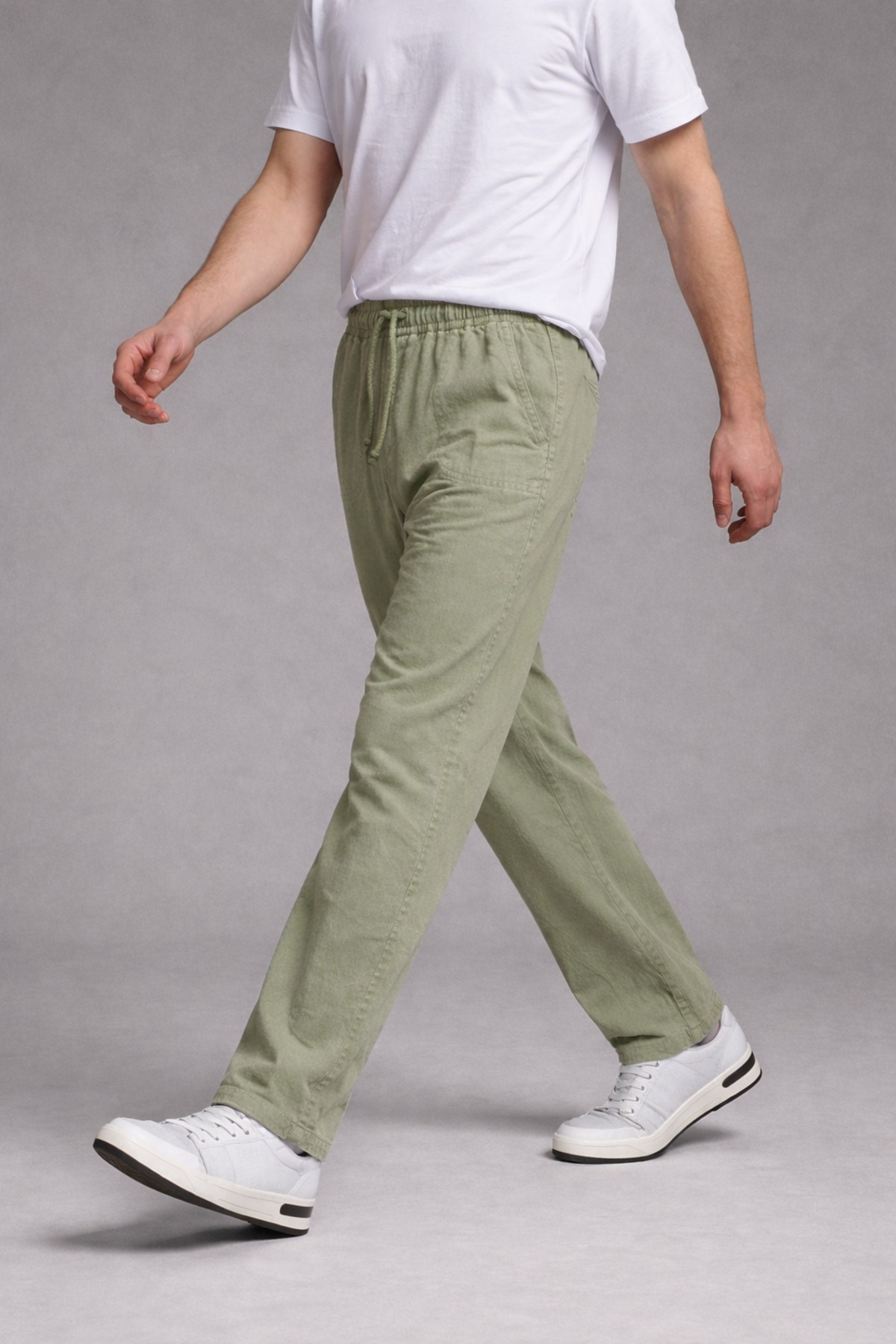 Erkek Beli Lastikli Bol Paça Yeşil Keten Pantolon 3