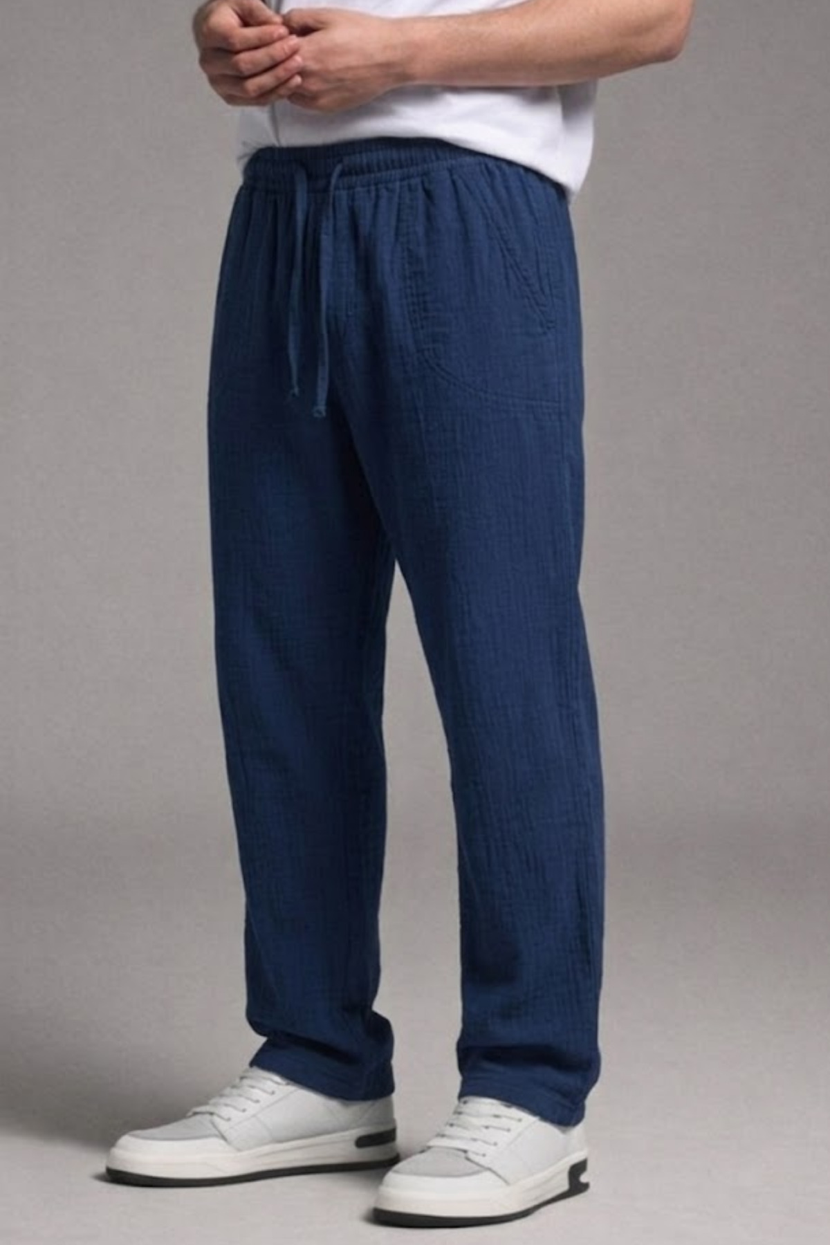 Erkek Beli Lastikli Bol Paça Lacivert Keten Pantolon 5