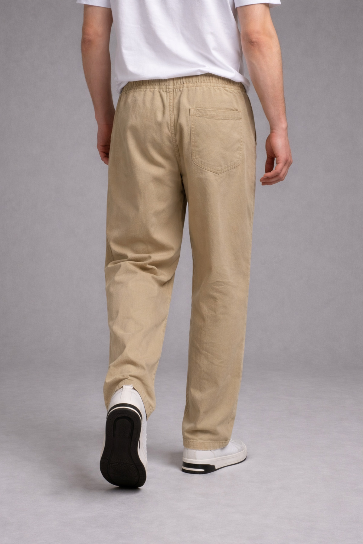 Erkek Beli Lastikli Bol Paça Bej Keten Pantolon 6