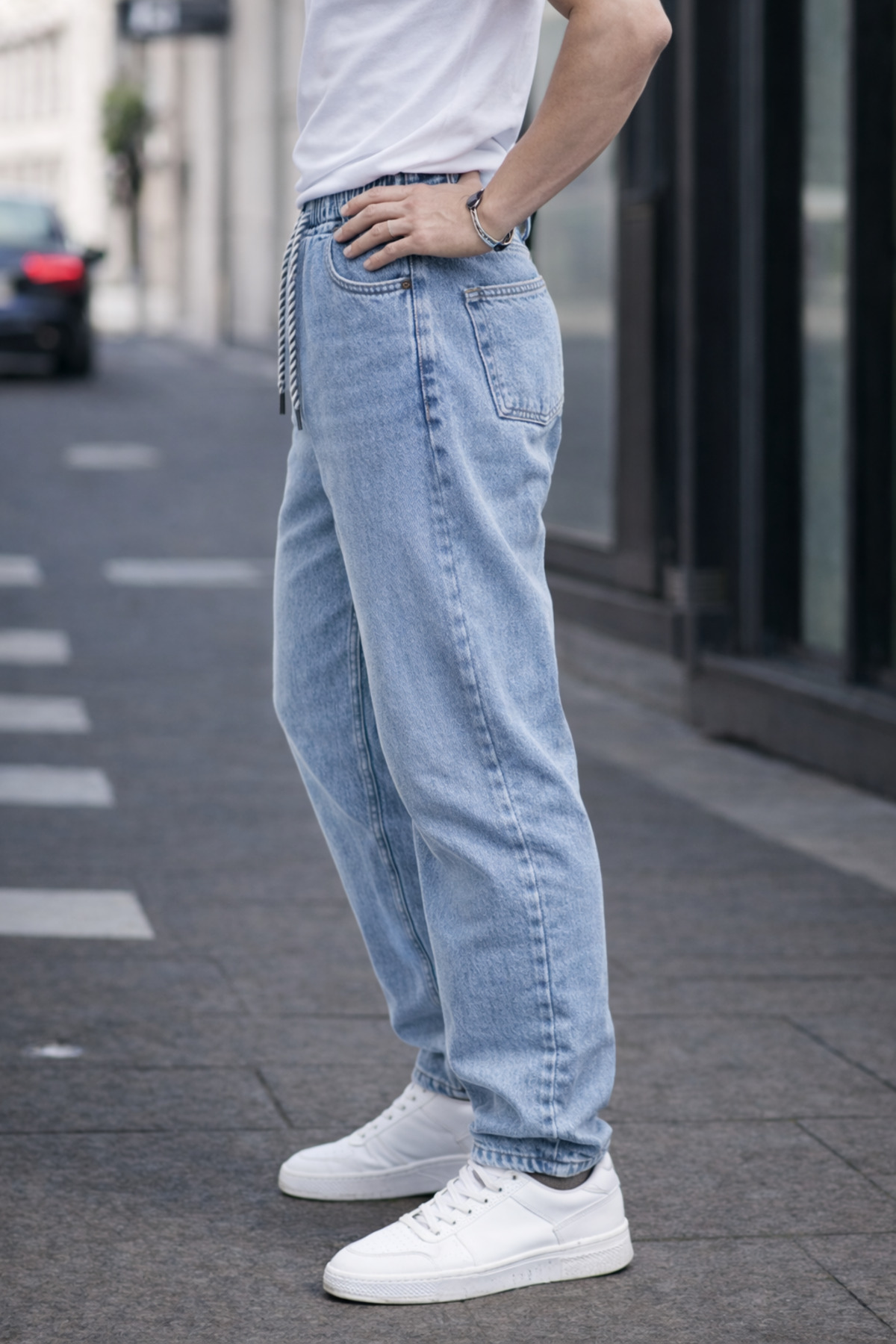 Erkek Trend Pamuklu Mavi Baggy Kot Pantolon 4
