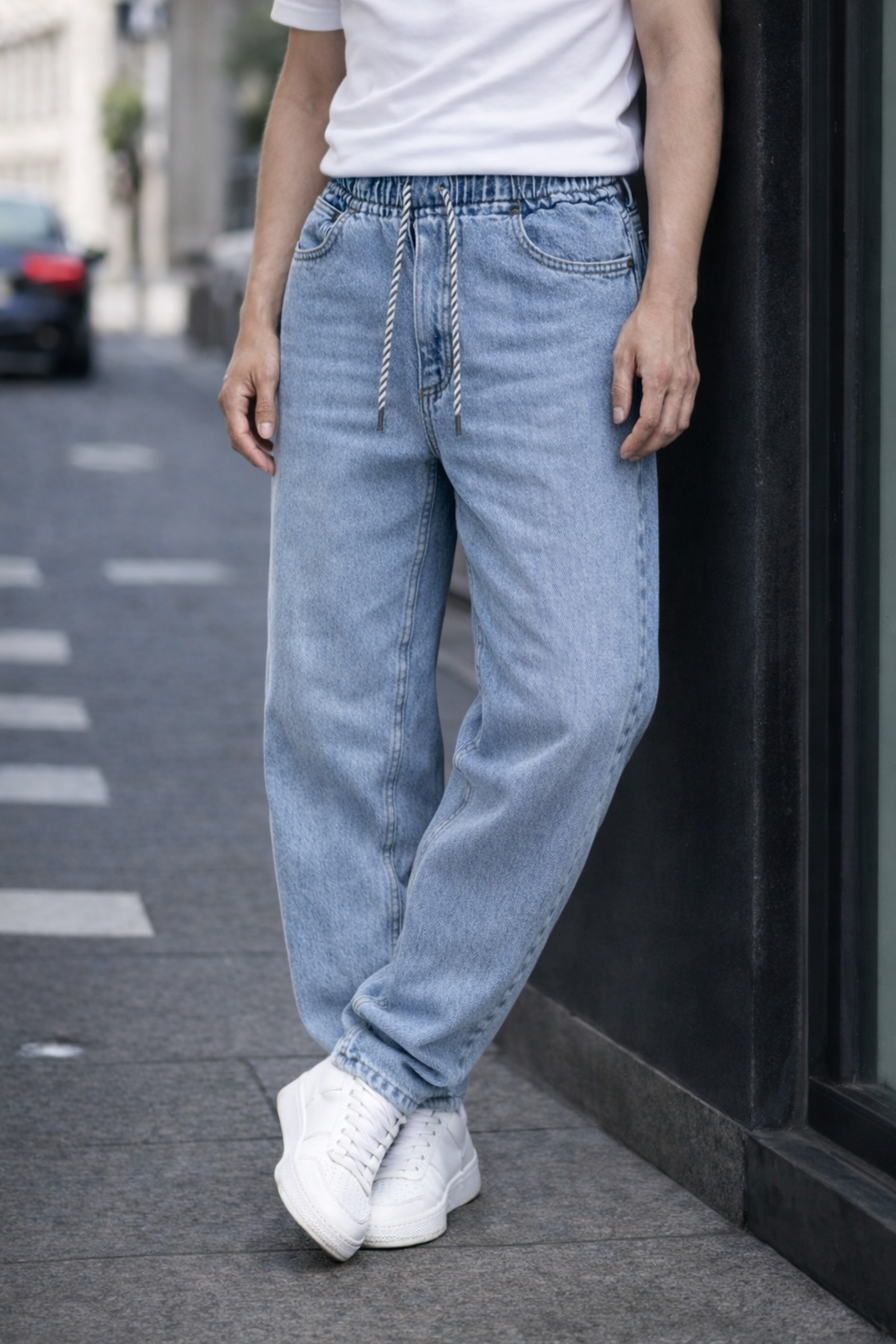 Erkek Trend Pamuklu Mavi Baggy Kot Pantolon 5