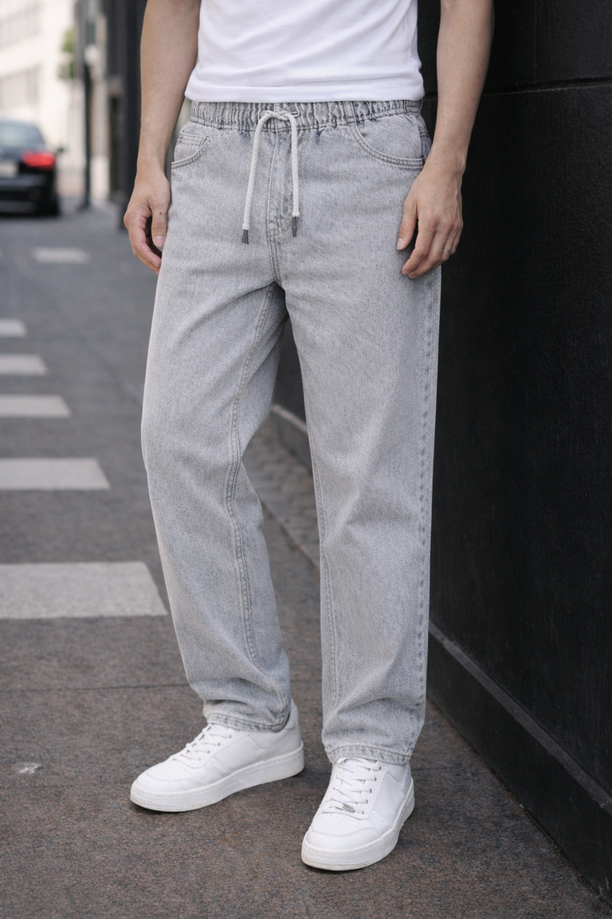 Erkek Trend Pamuklu Gri Baggy Kot Pantolon 4