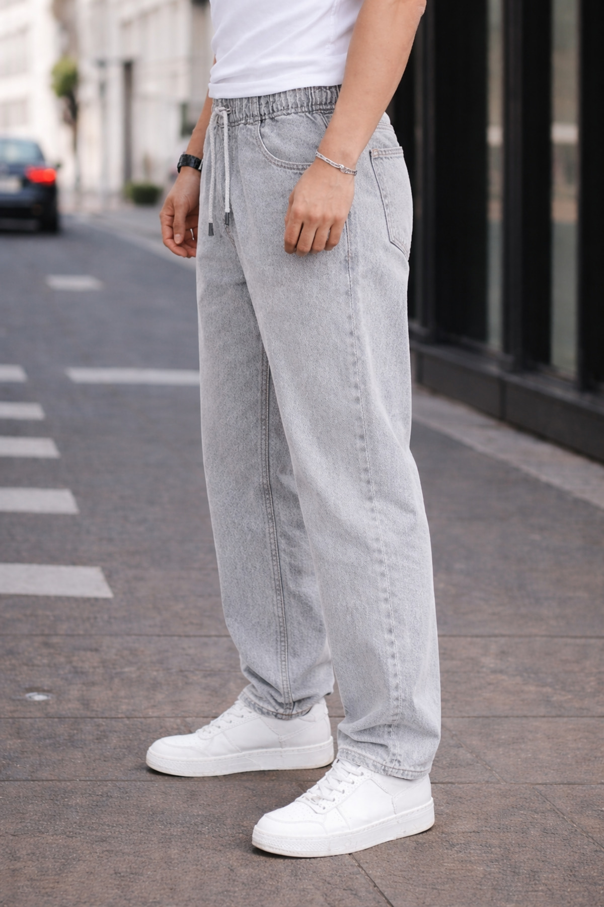 Erkek Trend Pamuklu Gri Baggy Kot Pantolon 5
