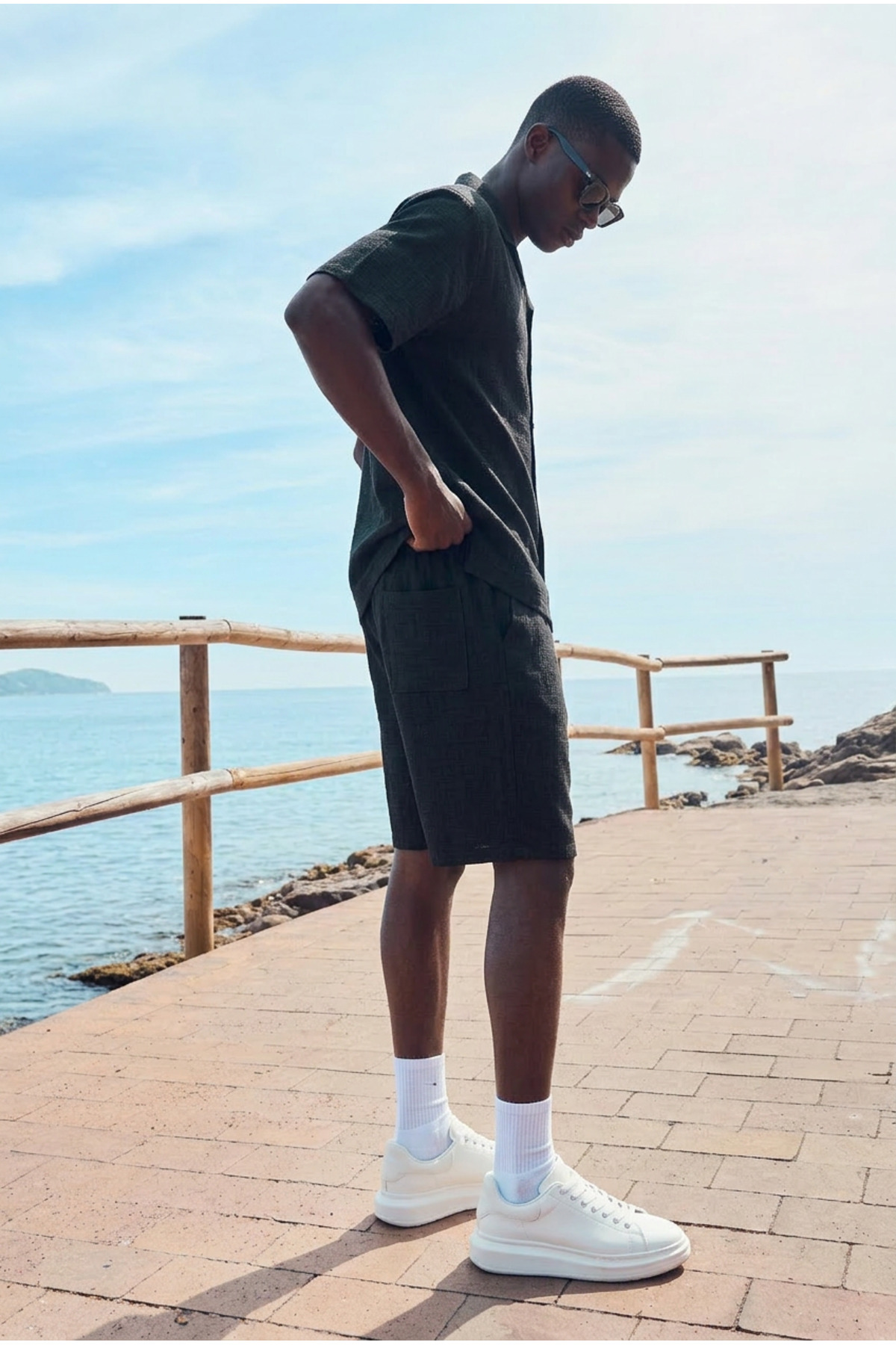 Erkek Trend Polo Yaka Gömlek Basic Keten Şort Siyah İkili Takım 3