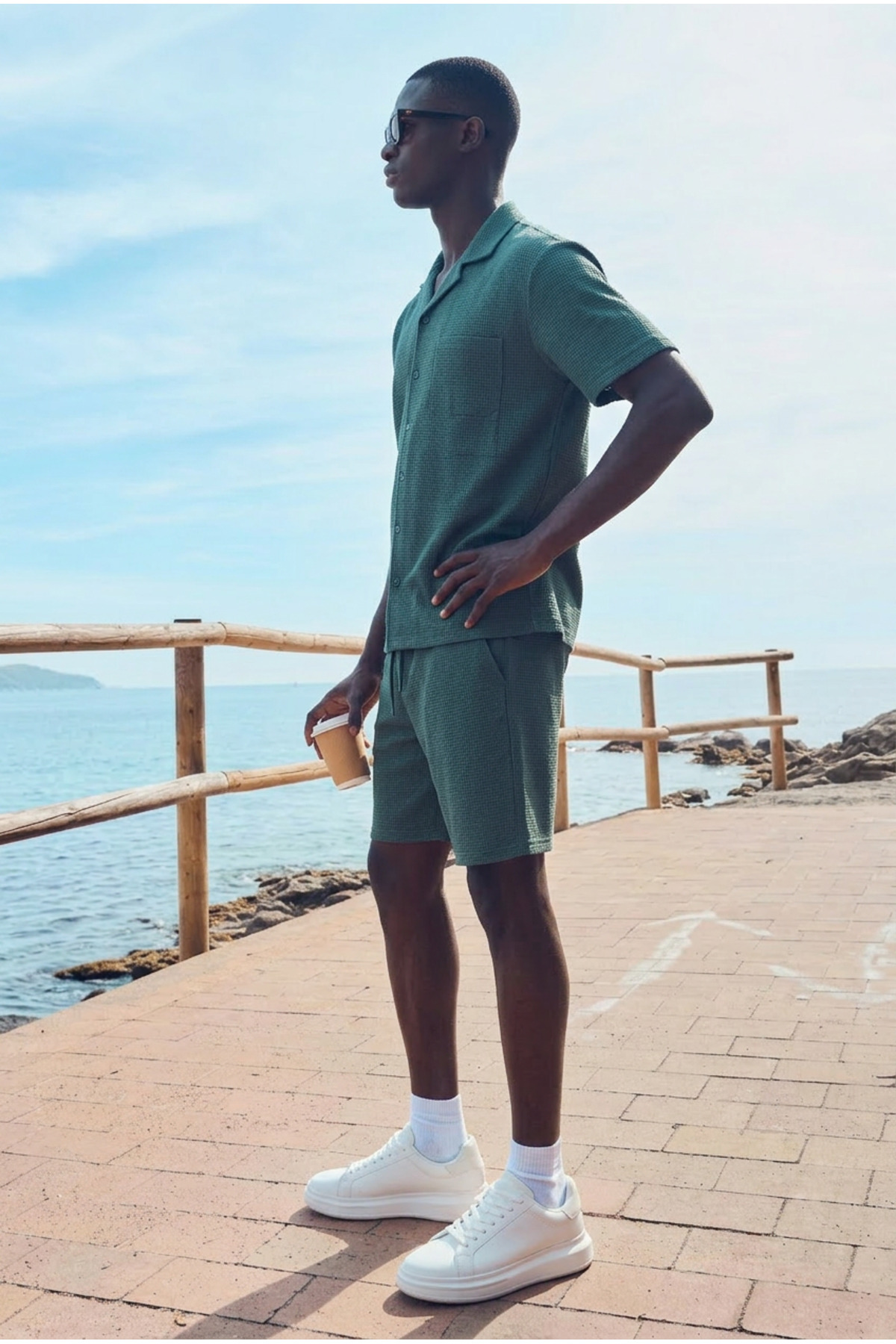 Erkek Trend Polo Yaka Gömlek Basic Keten Şort Haki İkili Takım 4