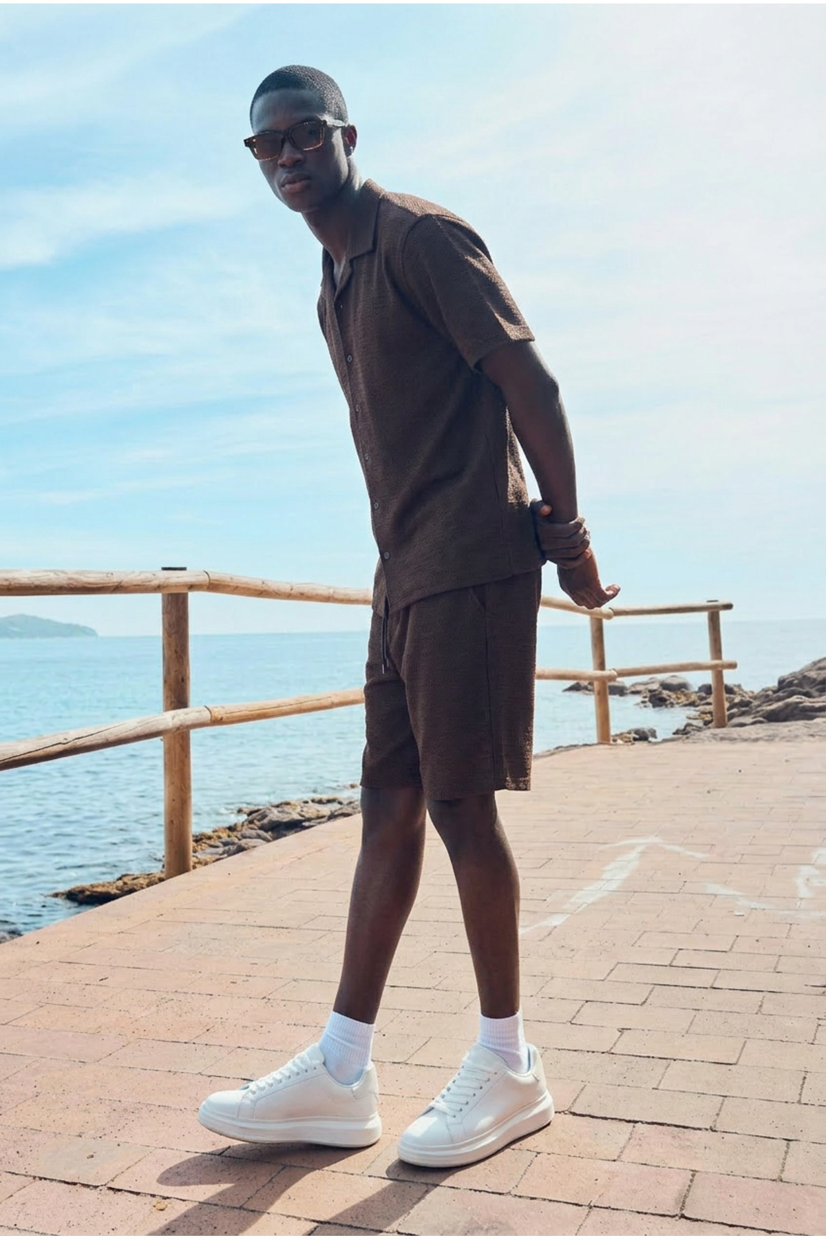 Erkek Trend Polo Yaka Gömlek Basic Keten Şort Kahve İkili Takım 6