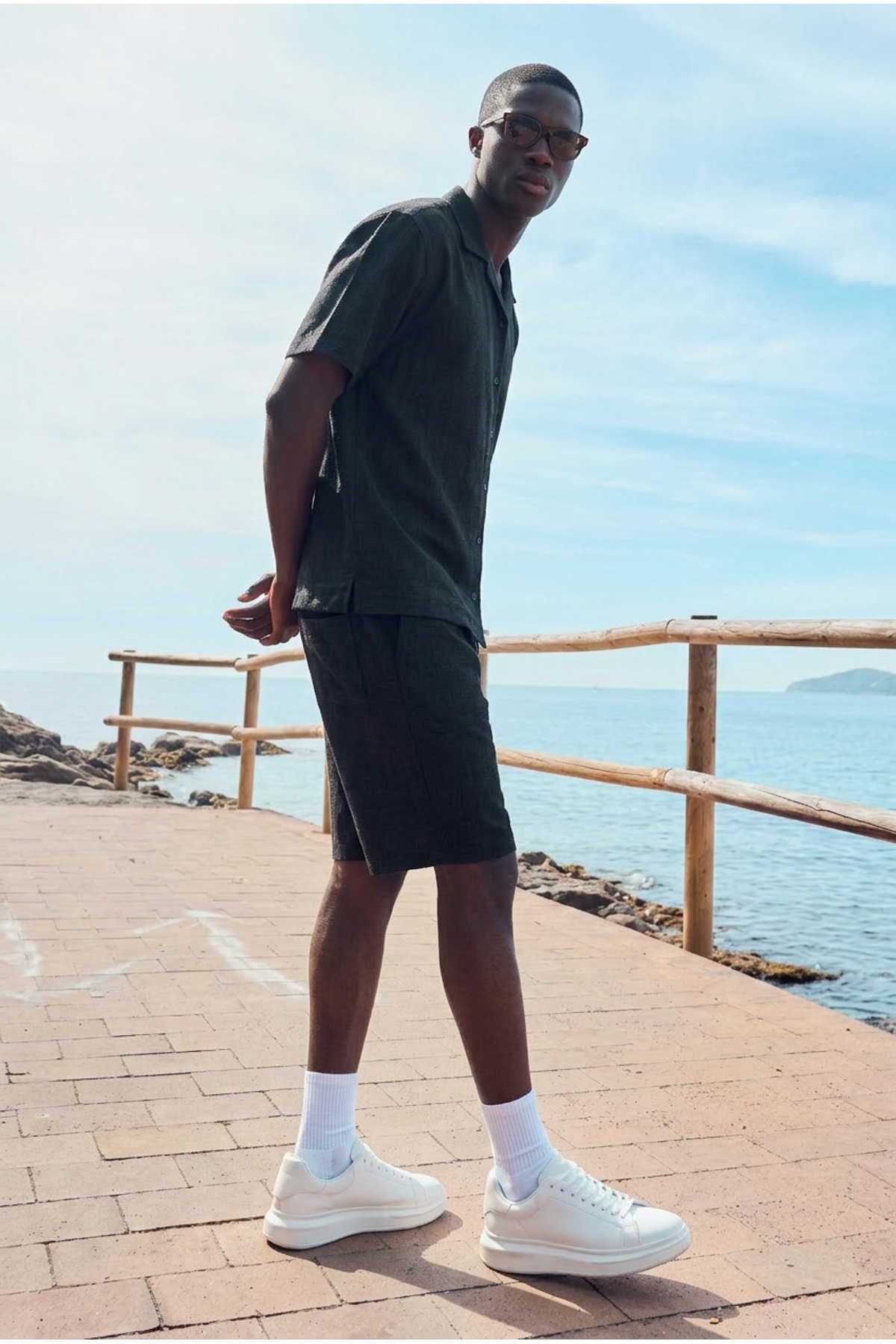 Erkek Trend Polo Yaka Gömlek Basic Keten Şort Siyah İkili Takım 6