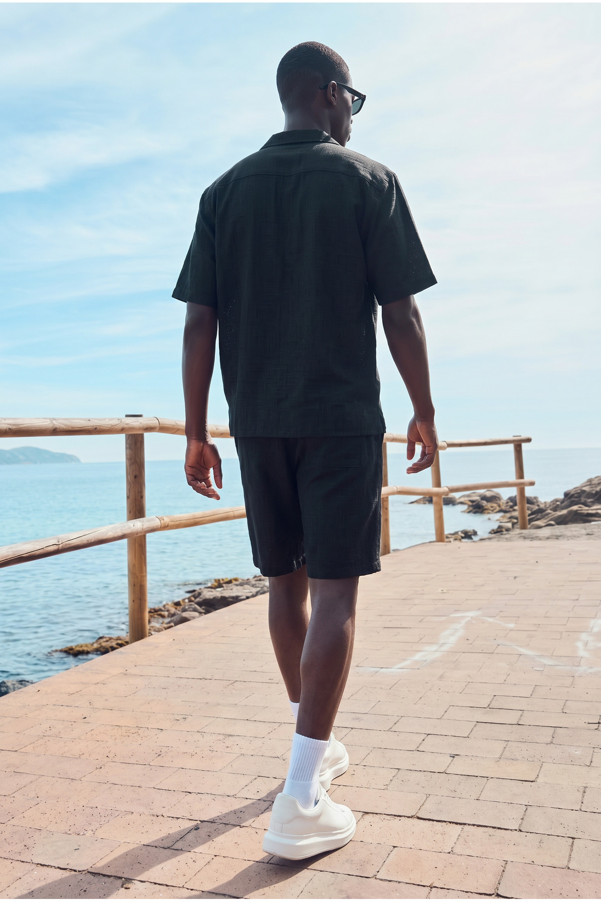 Erkek Trend Polo Yaka Gömlek Basic Keten Şort Siyah İkili Takım 4