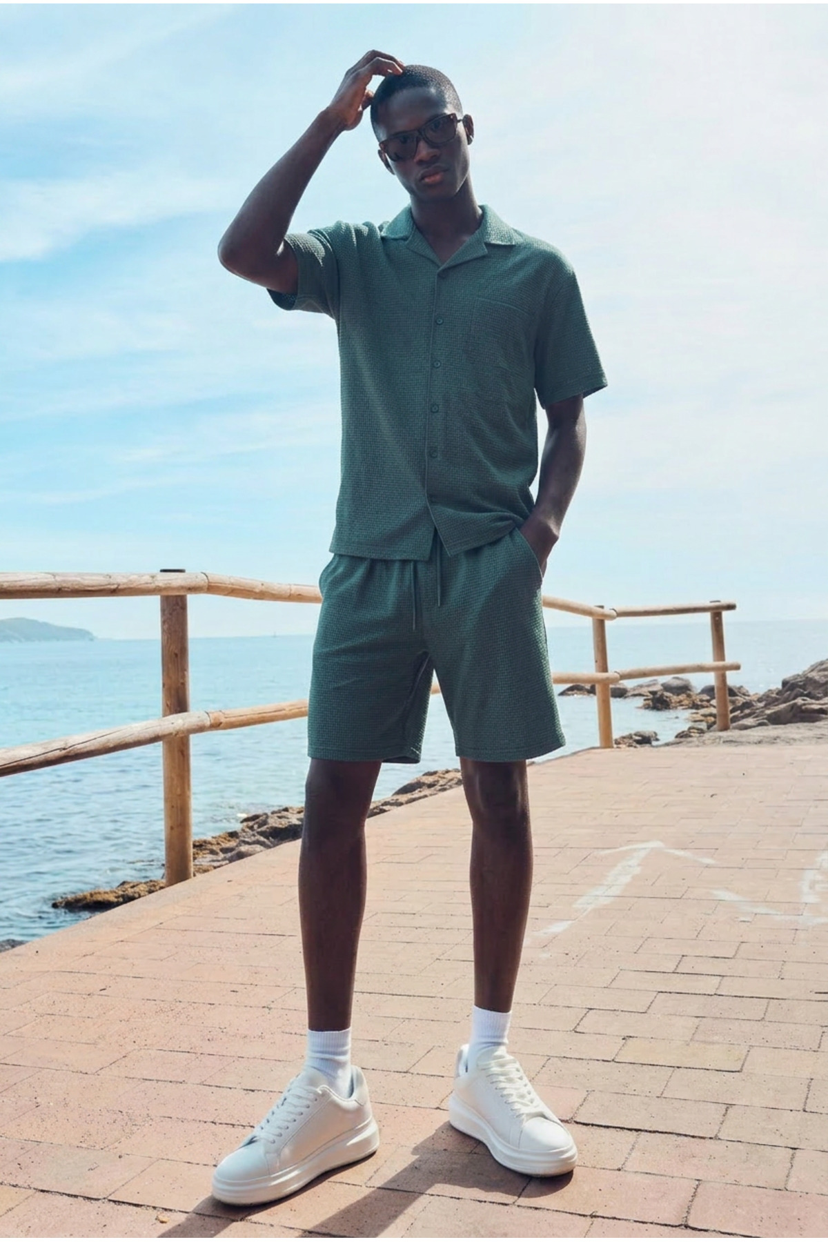 Erkek Trend Polo Yaka Gömlek Basic Keten Şort Haki İkili Takım 3