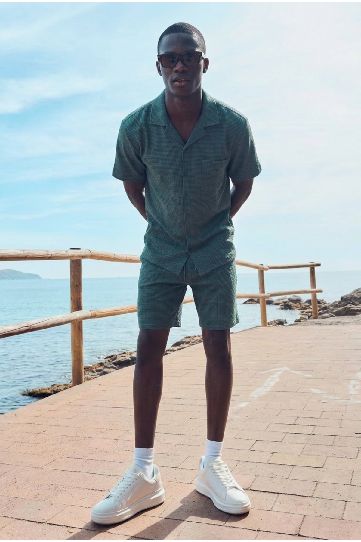 Erkek Trend Polo Yaka Gömlek Basic Keten Şort Haki İkili Takım 6
