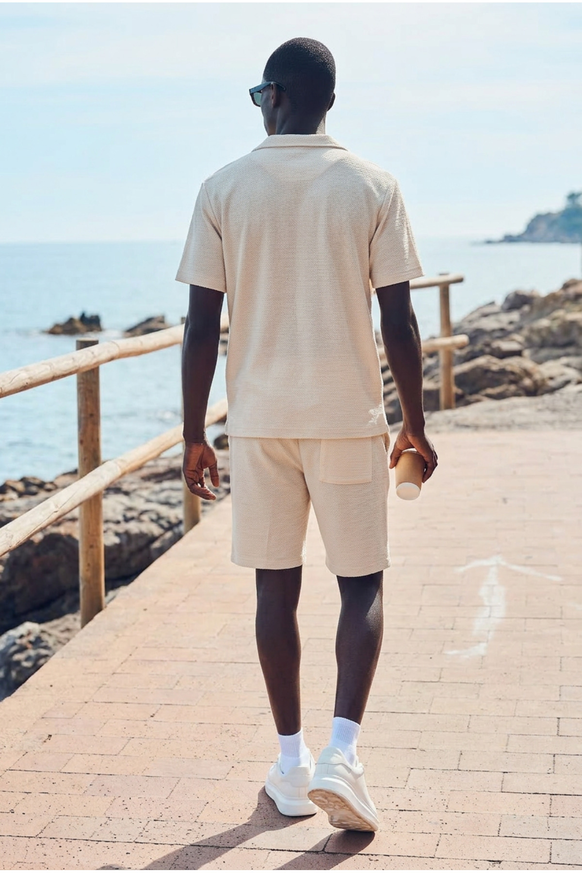 Erkek Trend Polo Yaka Gömlek Basic Keten Şort Krem İkili Takım 5