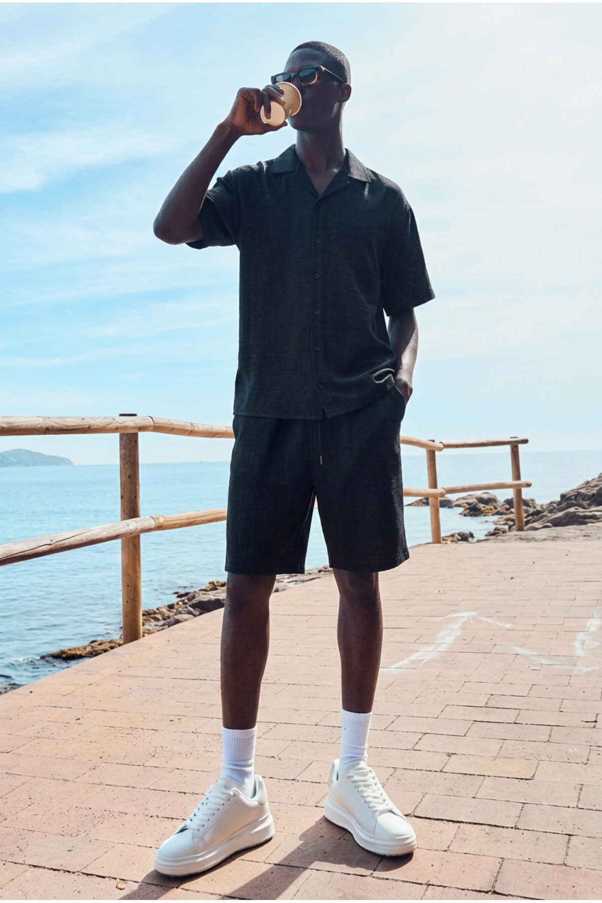 Erkek Trend Polo Yaka Gömlek Basic Keten Şort Siyah İkili Takım 5