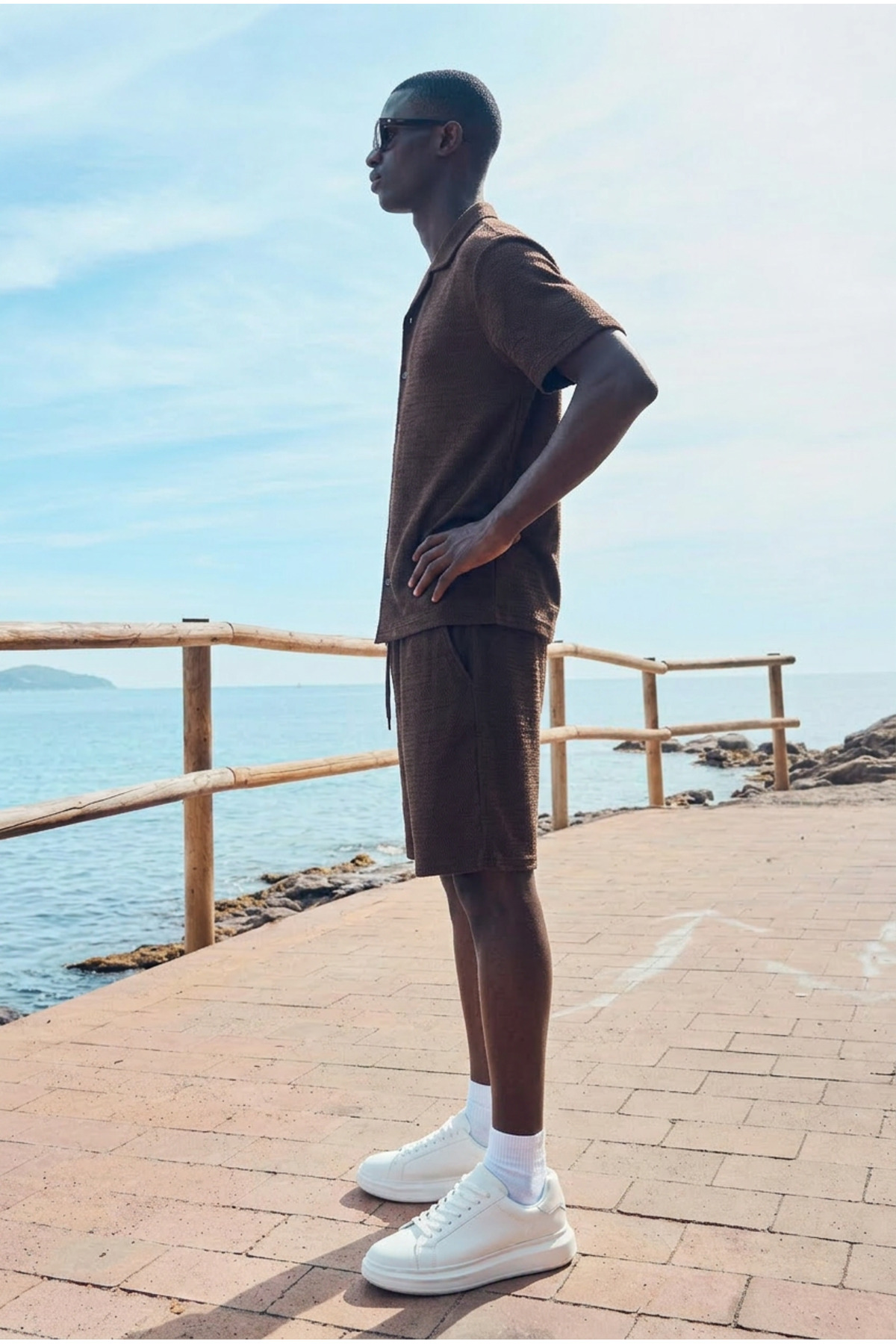 Erkek Trend Polo Yaka Gömlek Basic Keten Şort Kahve İkili Takım 4