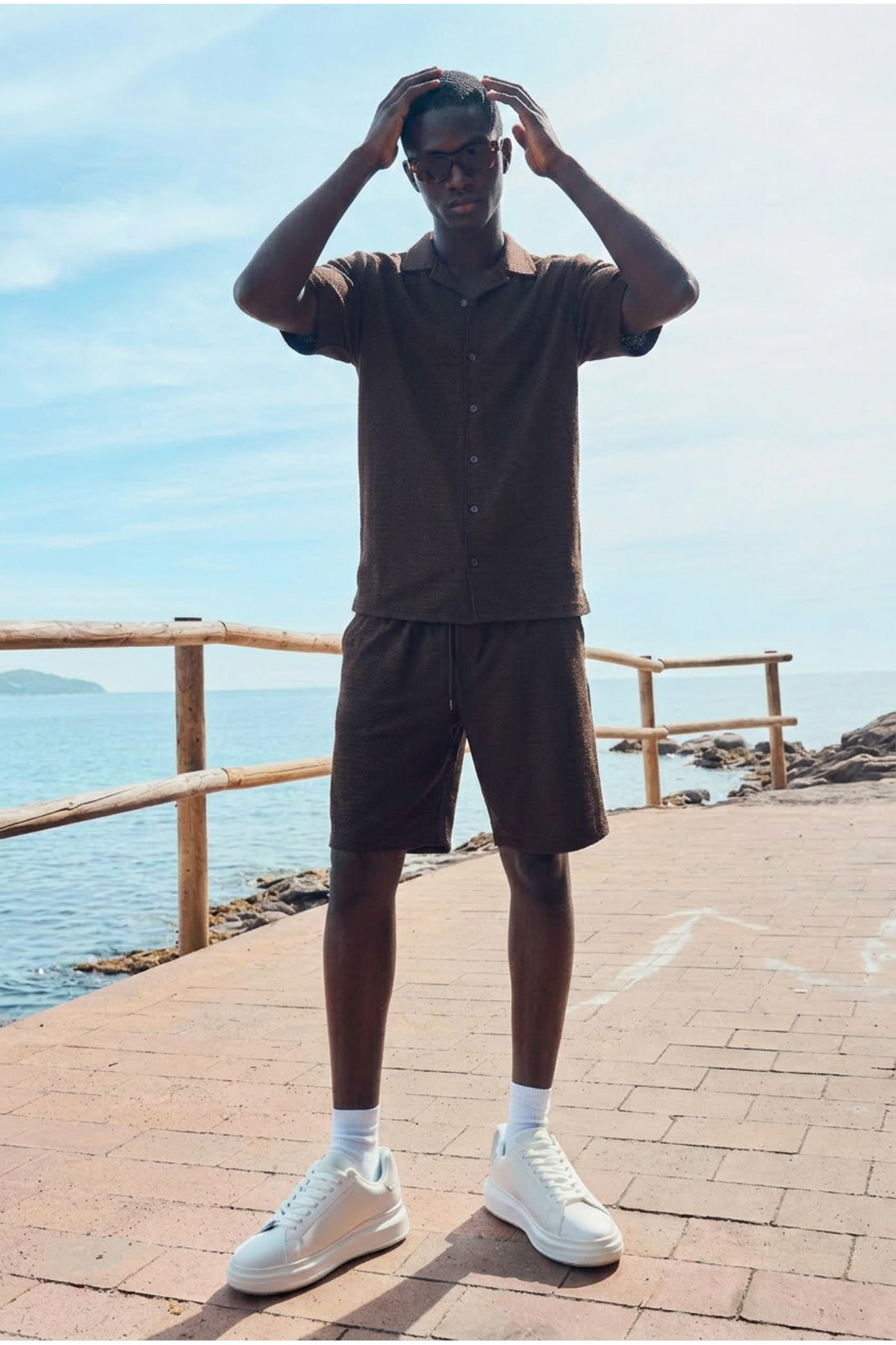 Erkek Trend Polo Yaka Gömlek Basic Keten Şort Kahve İkili Takım 3