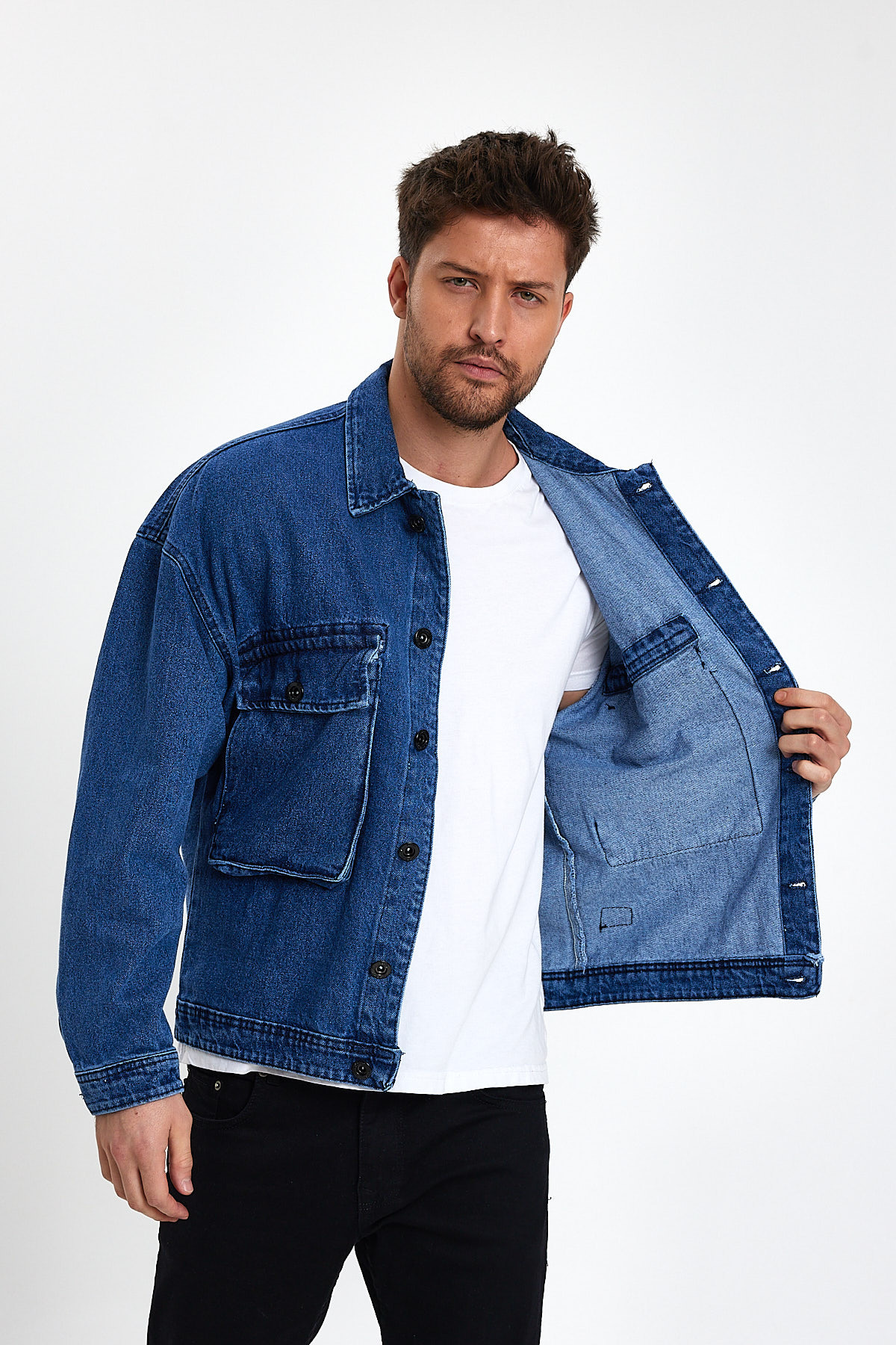 Erkek Büyük Göğüs Cepli Oversize Mavi Kot Ceket 4