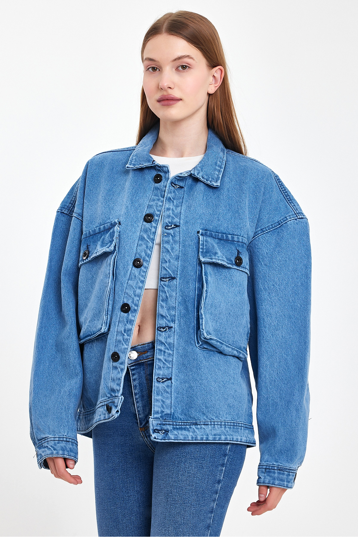 Kadın Büyük Göğüs Cepli Oversize Mavi Kot Ceket 6