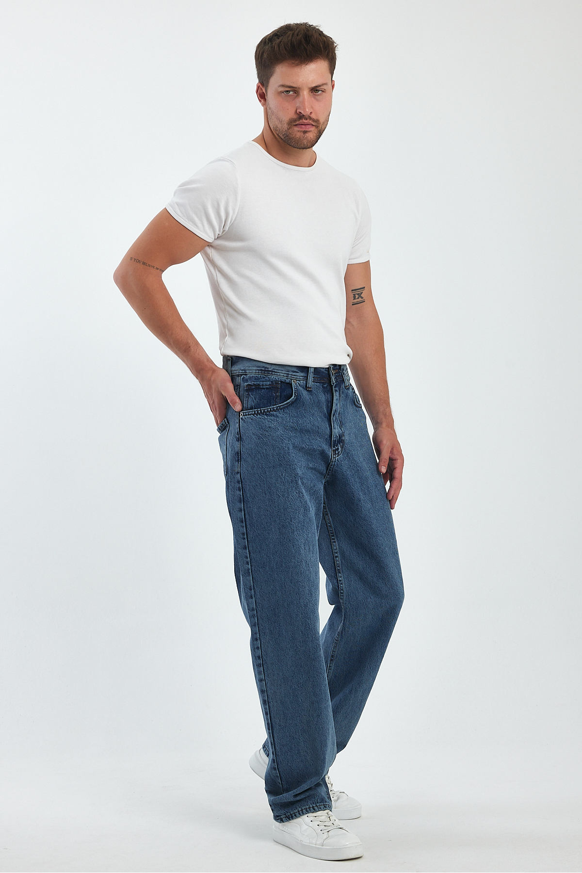 Erkek Jeans Bol Paça Mavi Baggy Kot Pantolon 4