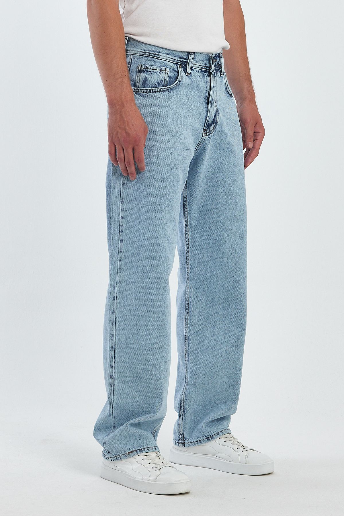 Erkek Jeans Bol Paça Buz Mavi Baggy Kot Pantolon 5