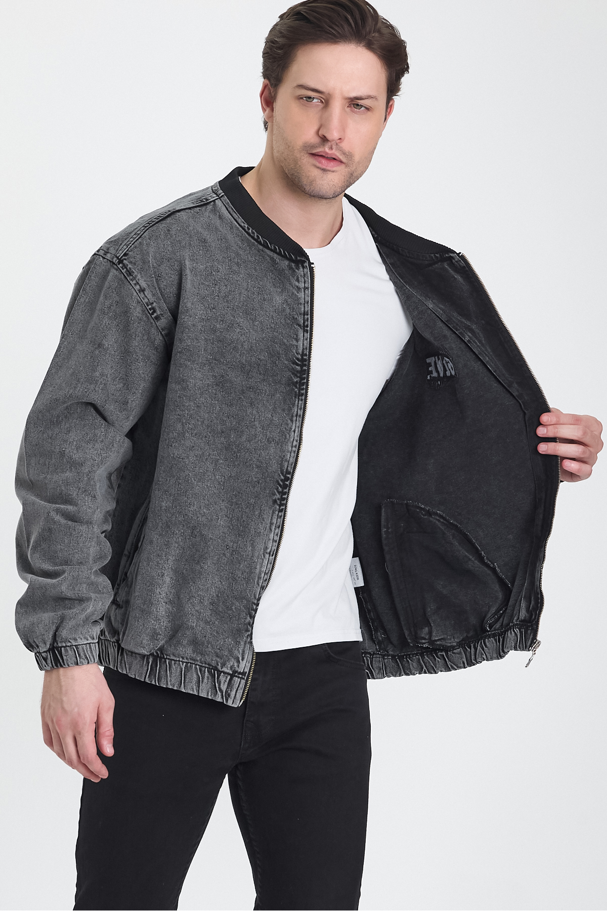 Erkek Basic Fermuarlı Oversize Kot Kolej Ceket 4