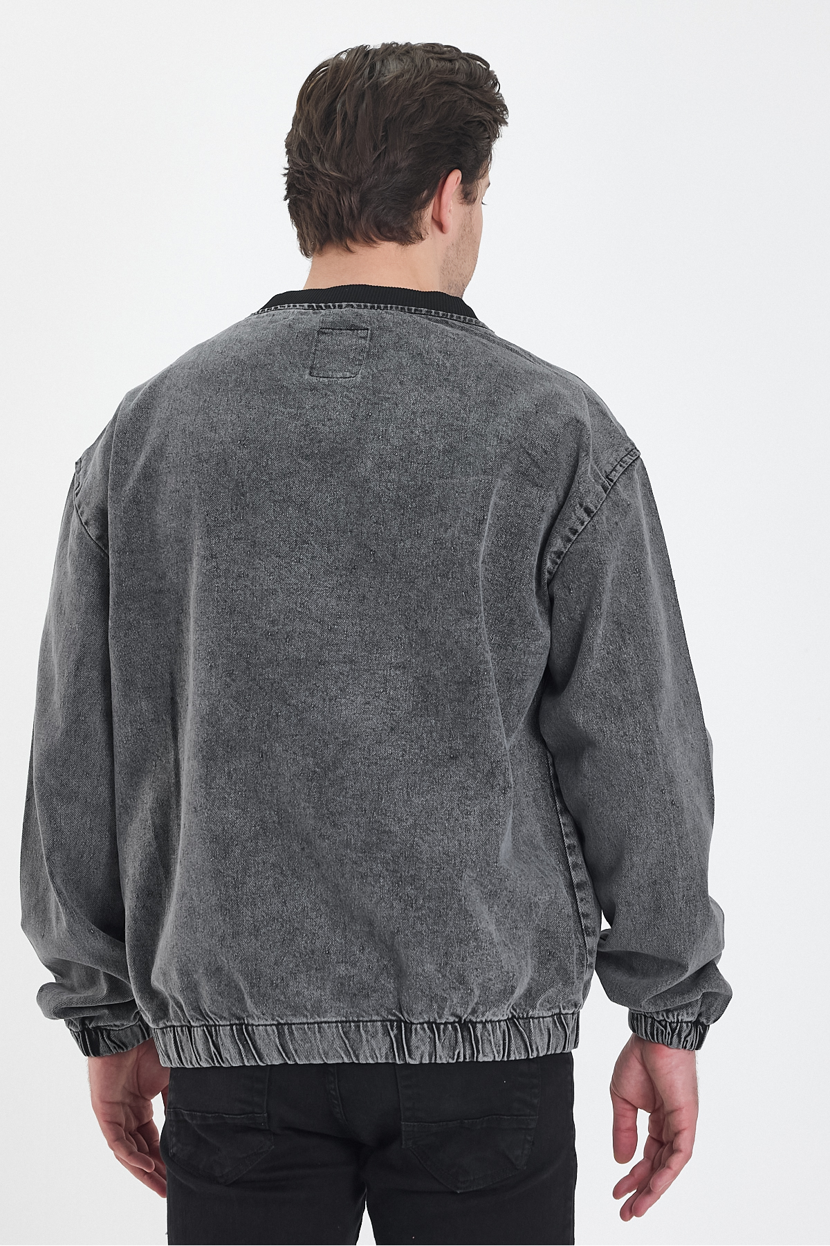 Erkek Basic Fermuarlı Oversize Kot Kolej Ceket 3
