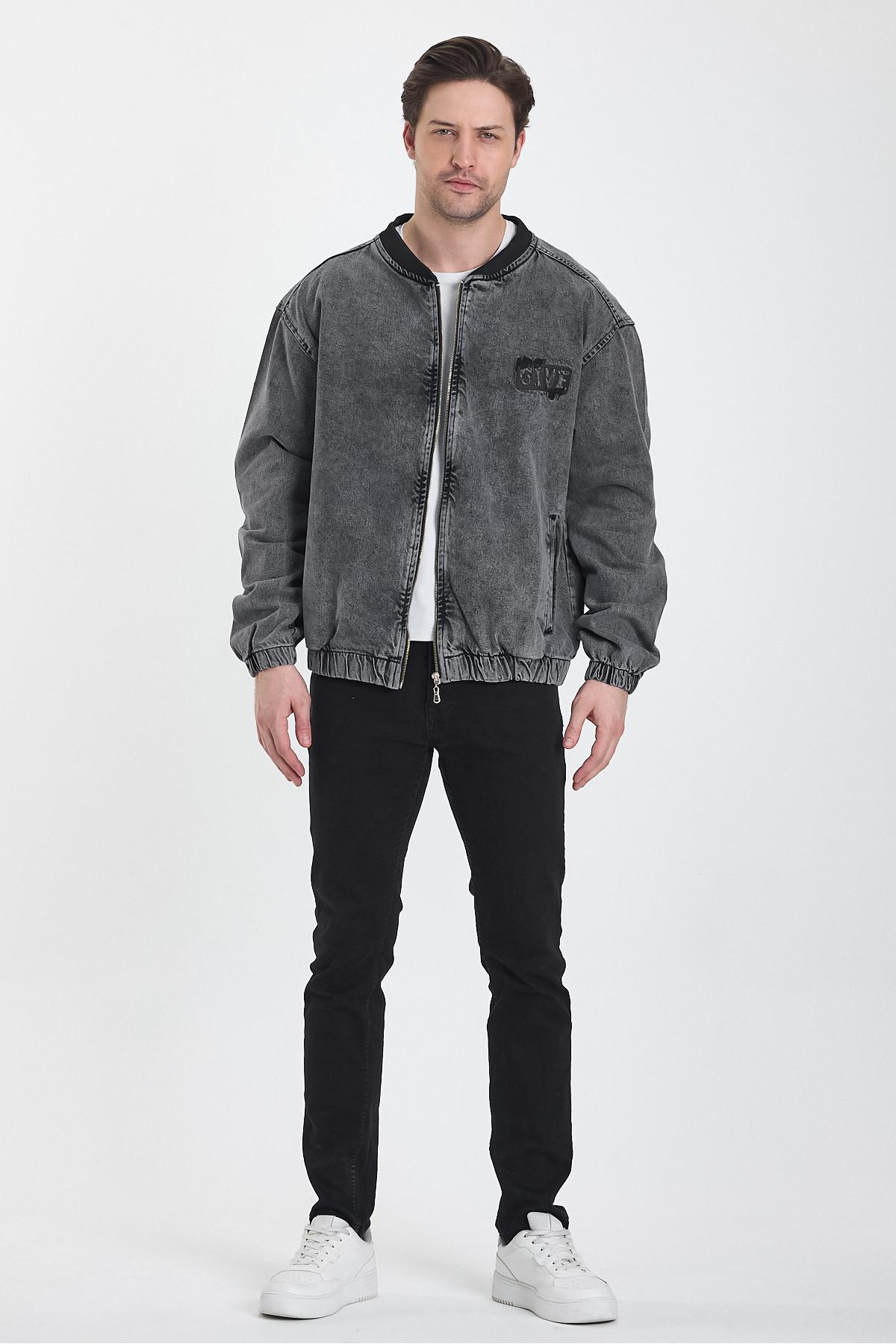 Erkek Basic Fermuarlı Oversize Kot Kolej Ceket 5