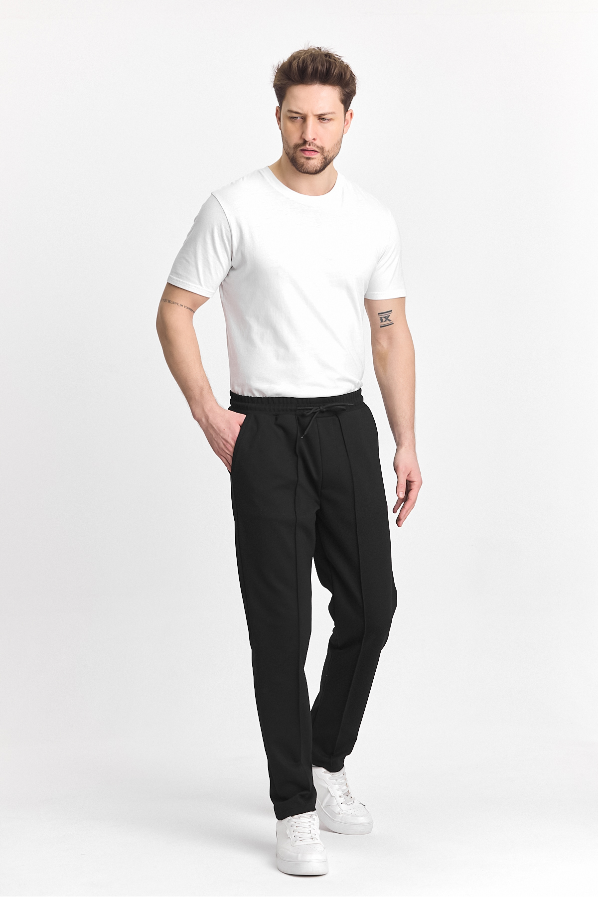 Erkek Beli Lastikli Esnek Bol Paça Siyah Pantolon 5