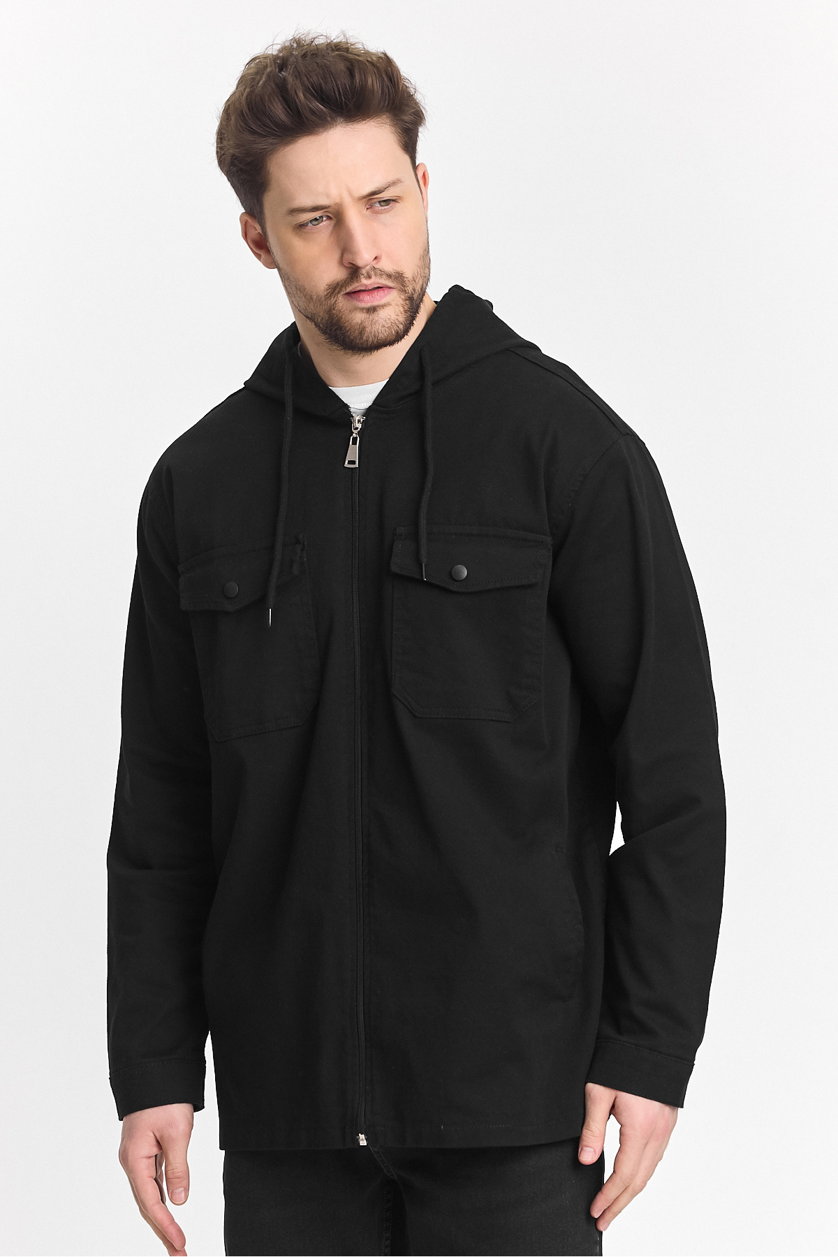 Erkek Basic Oversize Esnek Kapşonlu Füme Ceket 5