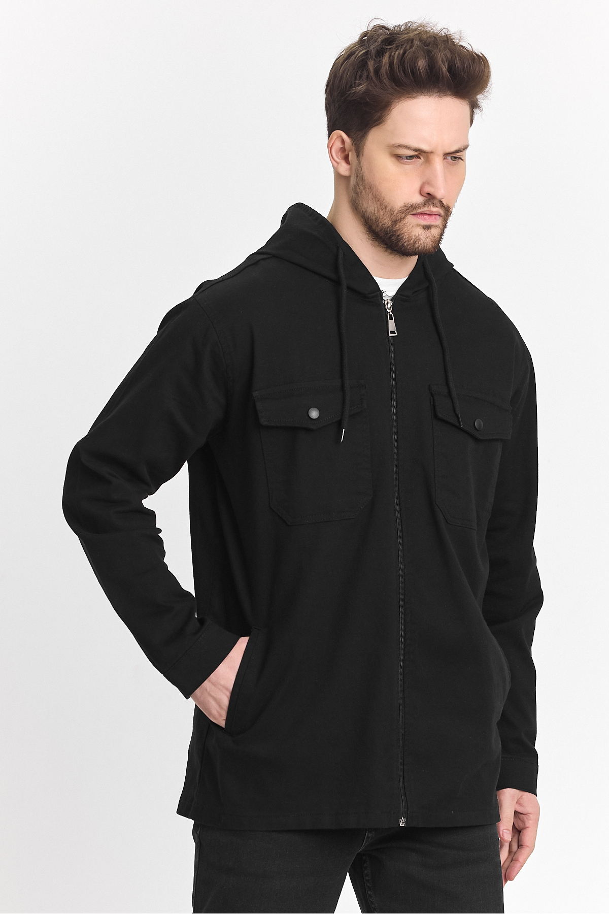 Erkek Basic Oversize Esnek Kapşonlu Füme Ceket 6