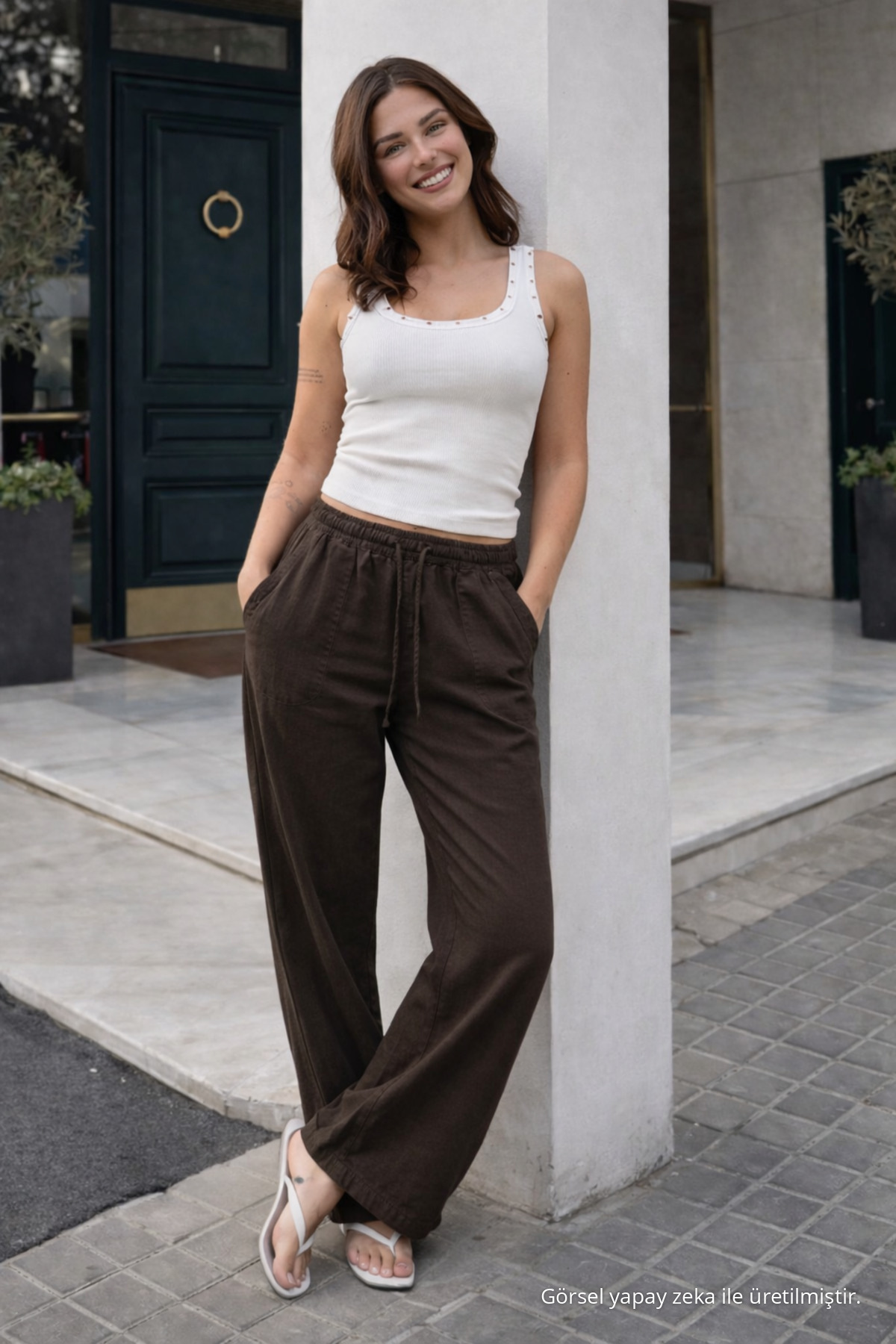 Kadın Trend Premium Bol Kahve Keten Pantolon 4