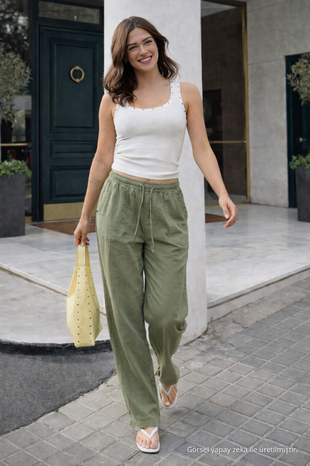 Kadın Trend Premium Bol Yeşil Keten Pantolon 4