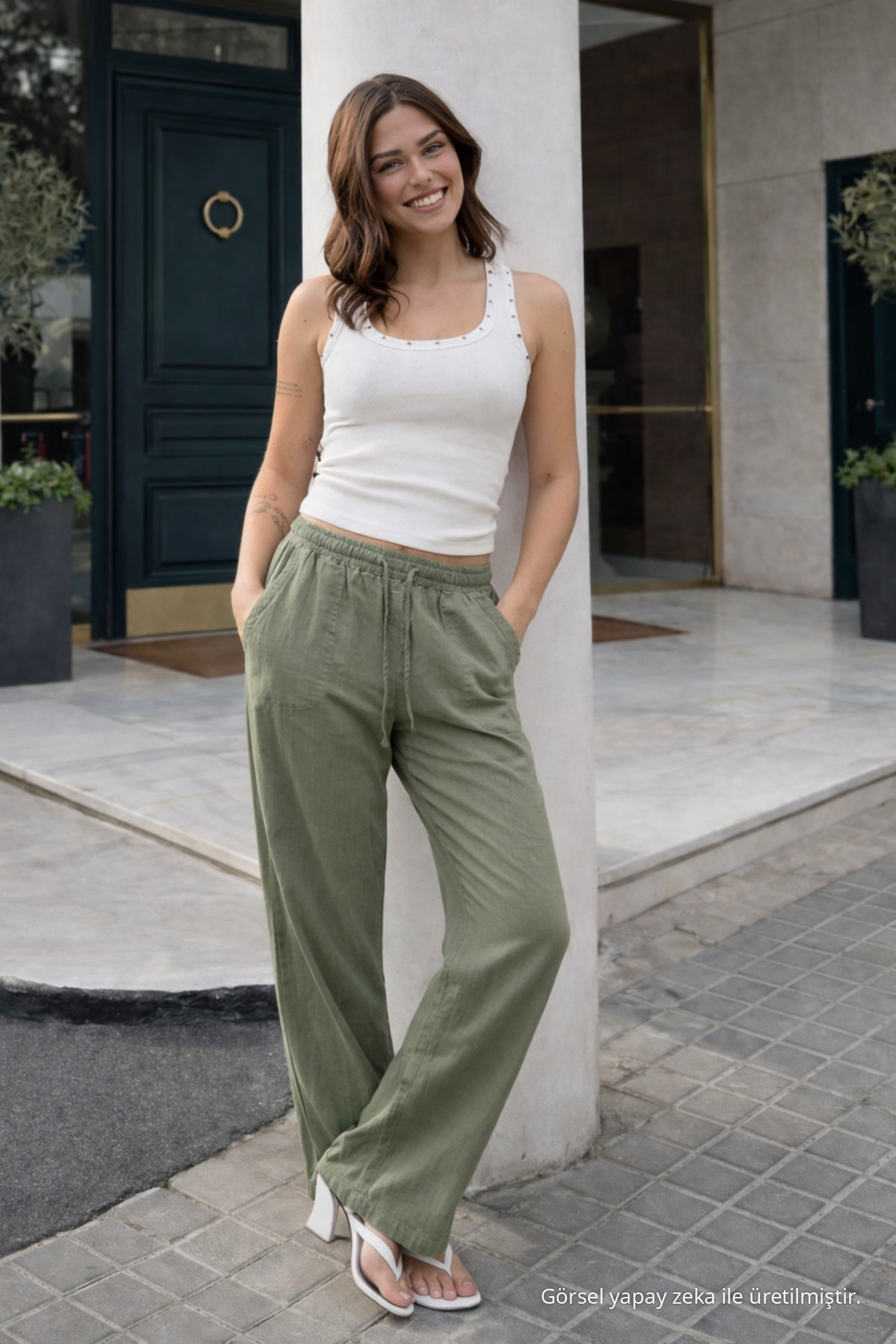 Kadın Trend Premium Bol Yeşil Keten Pantolon 3