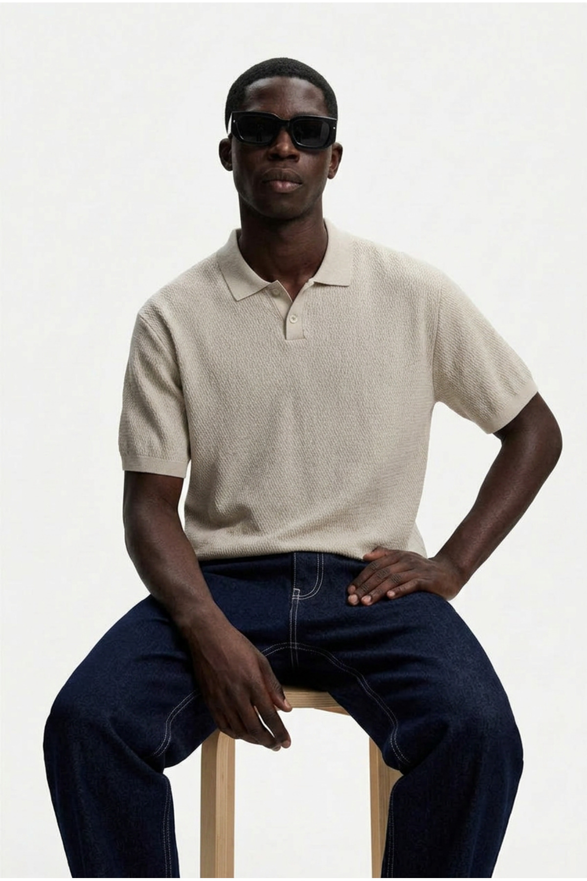 Erkek Dokulu %100 Pamuk Bej Polo Yaka T Shirt 4