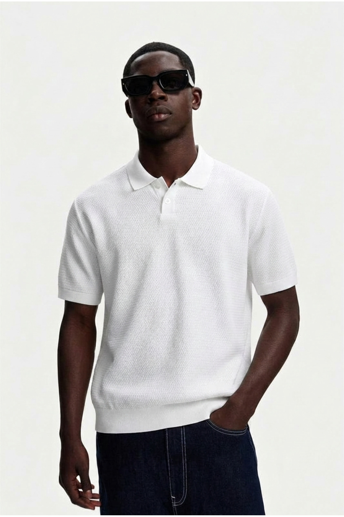 Erkek Dokulu %100 Pamuk Beyaz Polo Yaka T Shirt 6