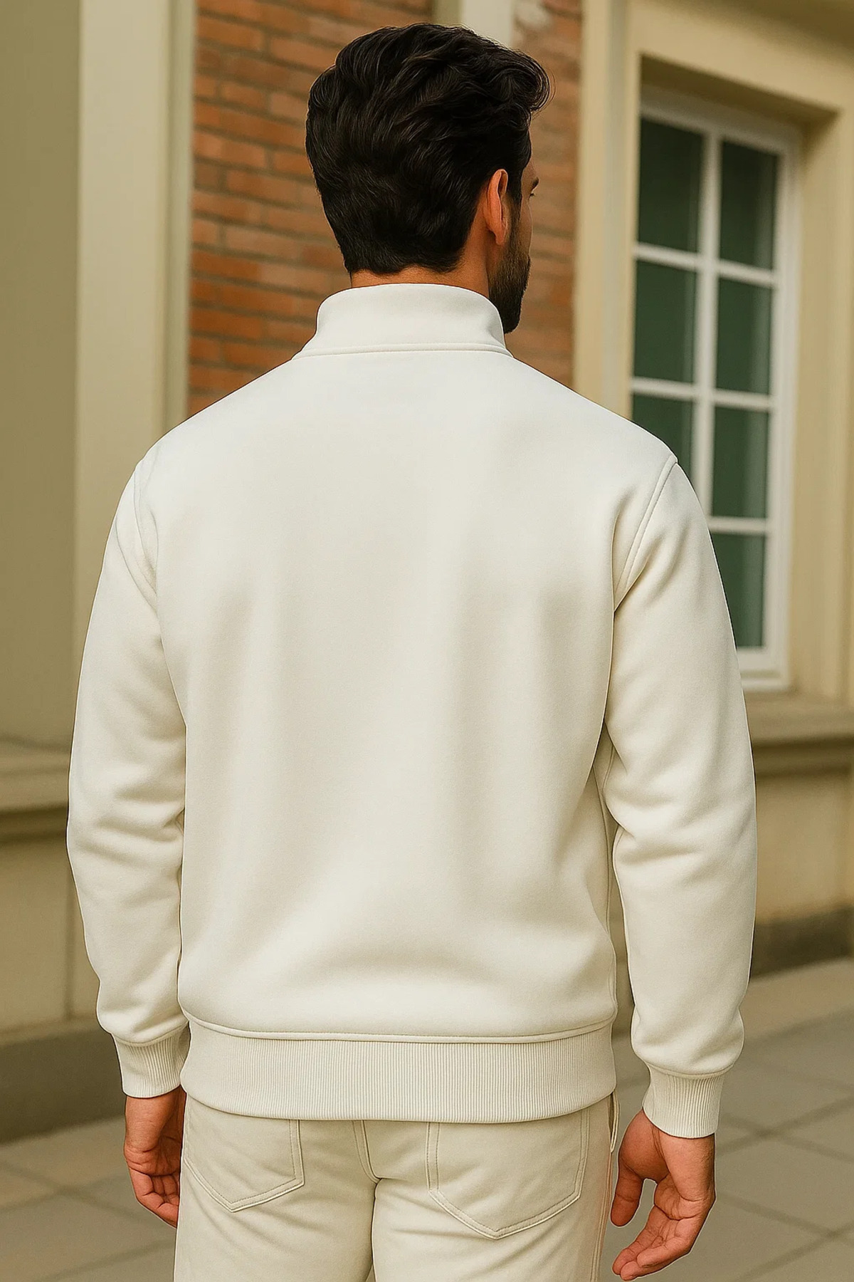 Erkek Kışlık Beyaz Oversize Fermuarlı Sweatshirt 6