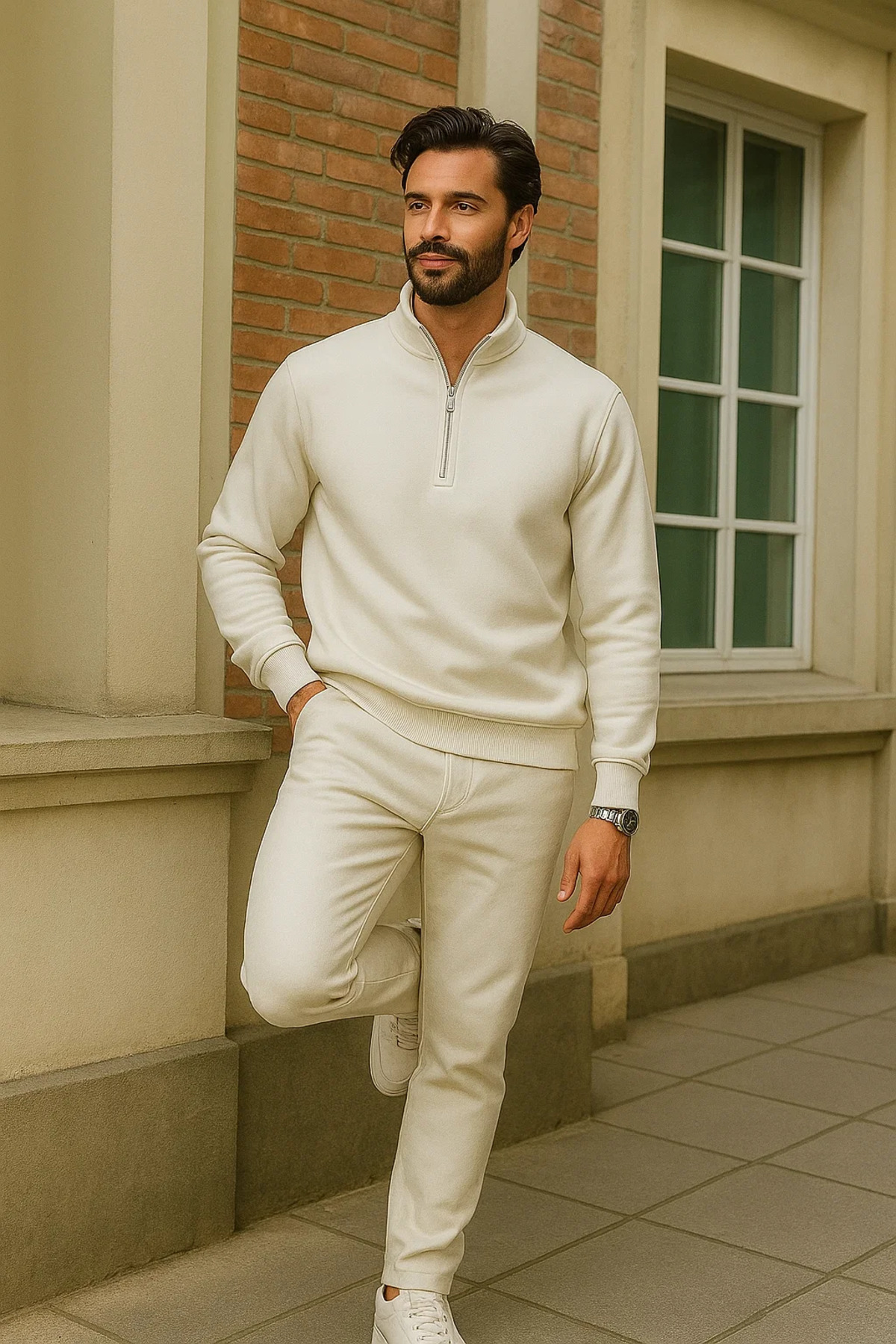 Erkek Kışlık Beyaz Oversize Fermuarlı Sweatshirt 4