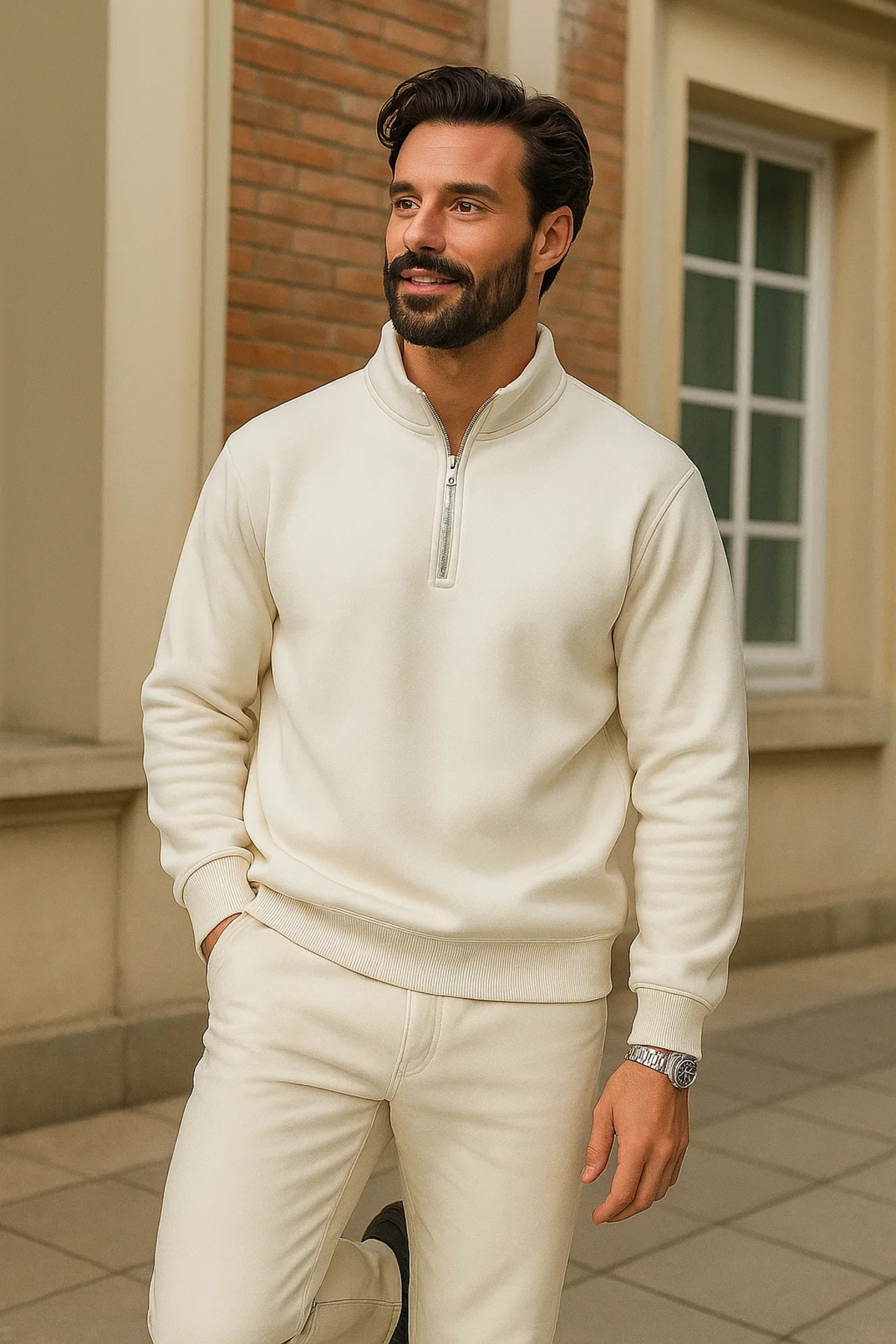 Erkek Kışlık Beyaz Oversize Fermuarlı Sweatshirt 3