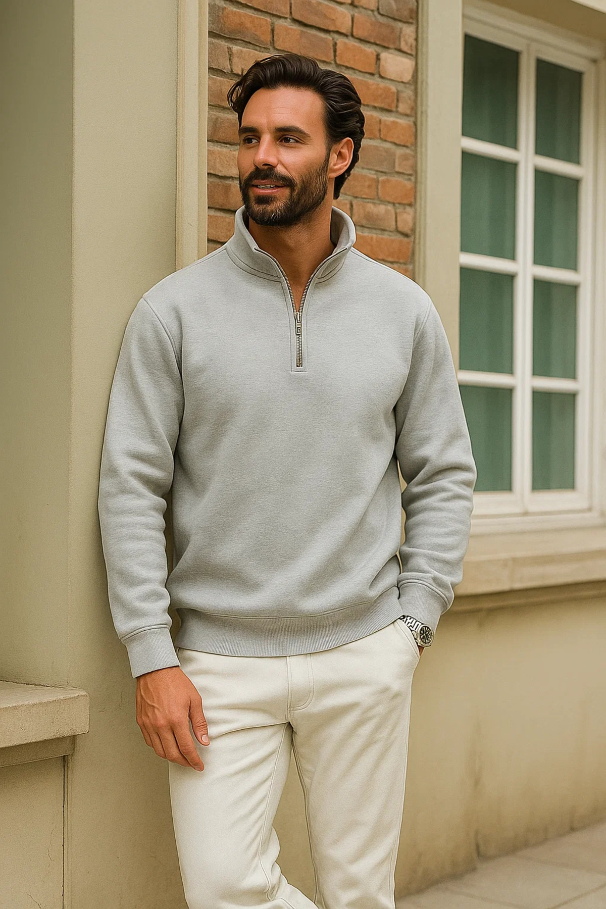Erkek Kışlık Gri Oversize Fermuarlı Sweatshirt 4