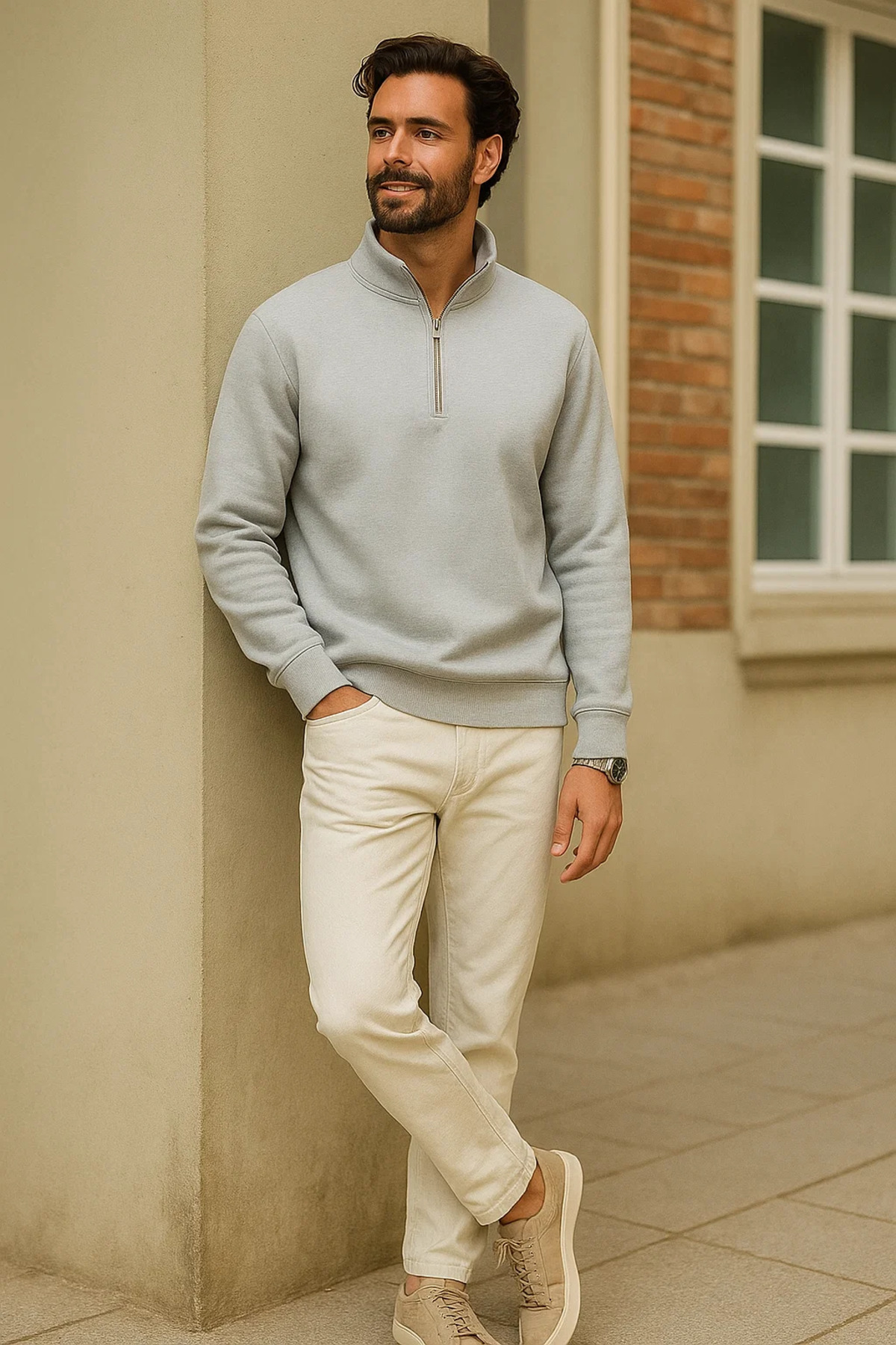 Erkek Kışlık Gri Oversize Fermuarlı Sweatshirt 3