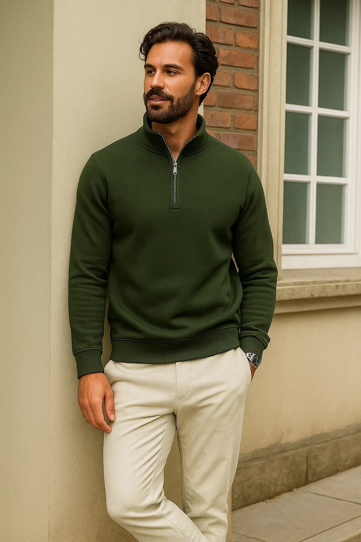 Erkek Kışlık Haki Oversize Fermuarlı Sweatshirt 3