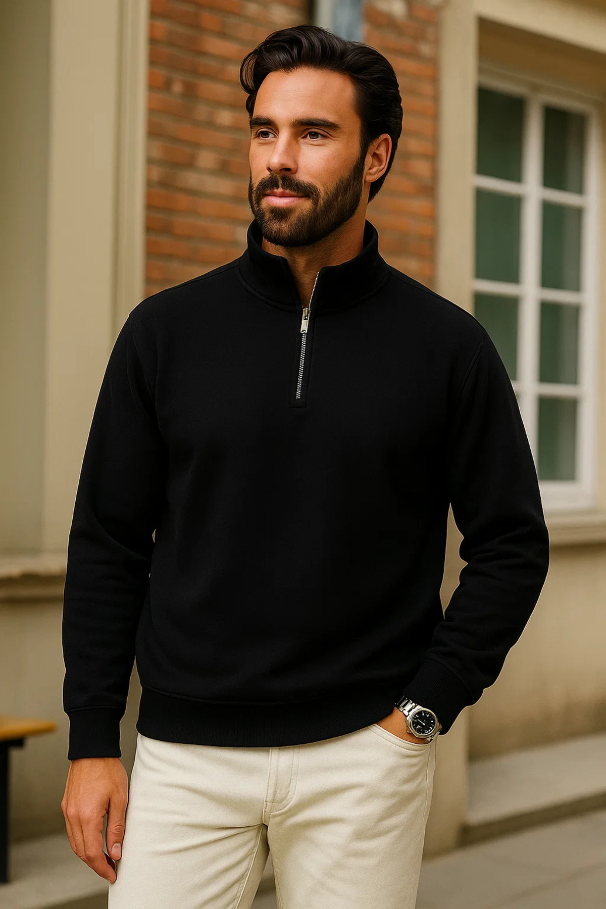 Erkek Kışlık Siyah Oversize Fermuarlı Sweatshirt 3